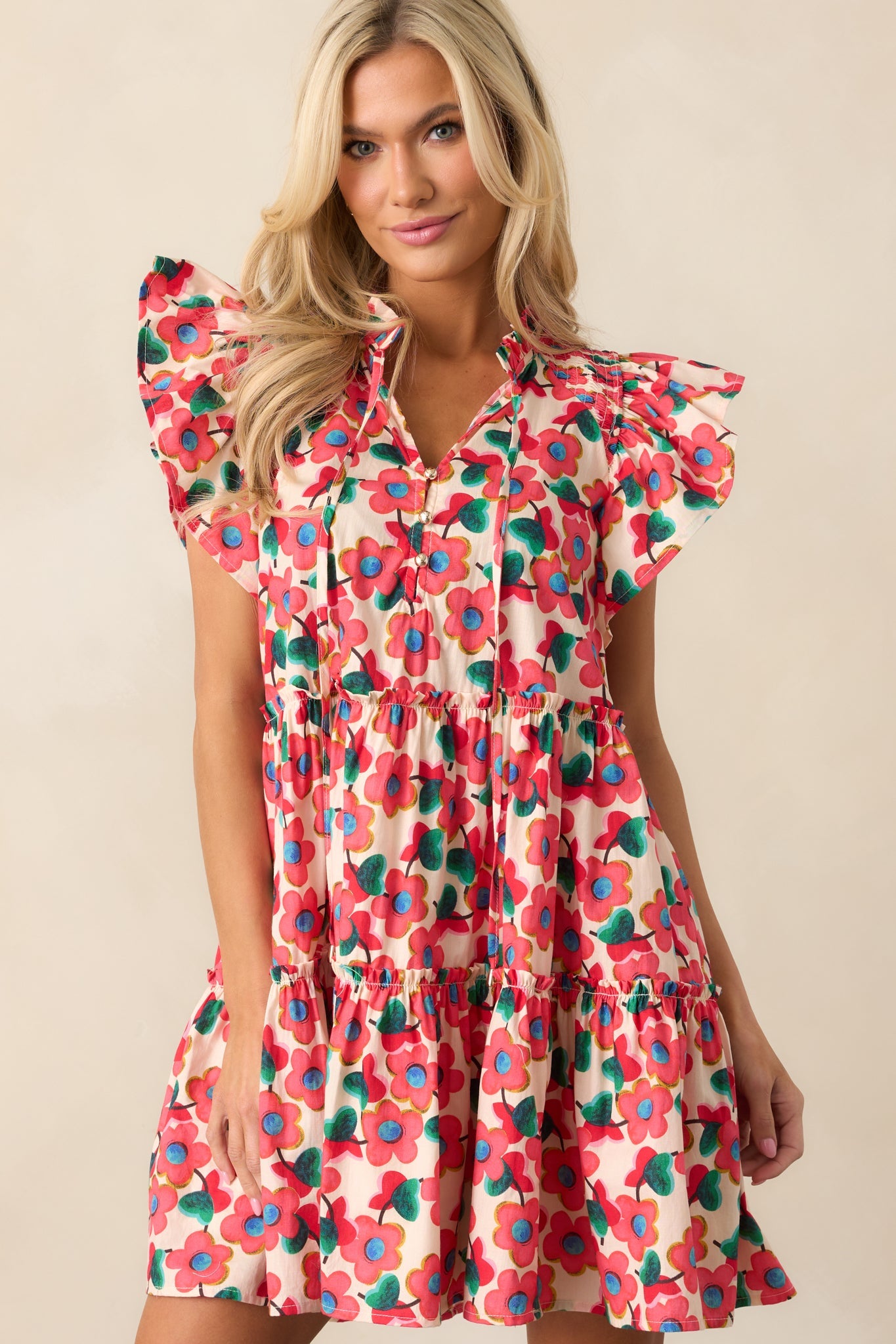 All You Need Red Floral Cotton Flutter Sleeve Mini Dress