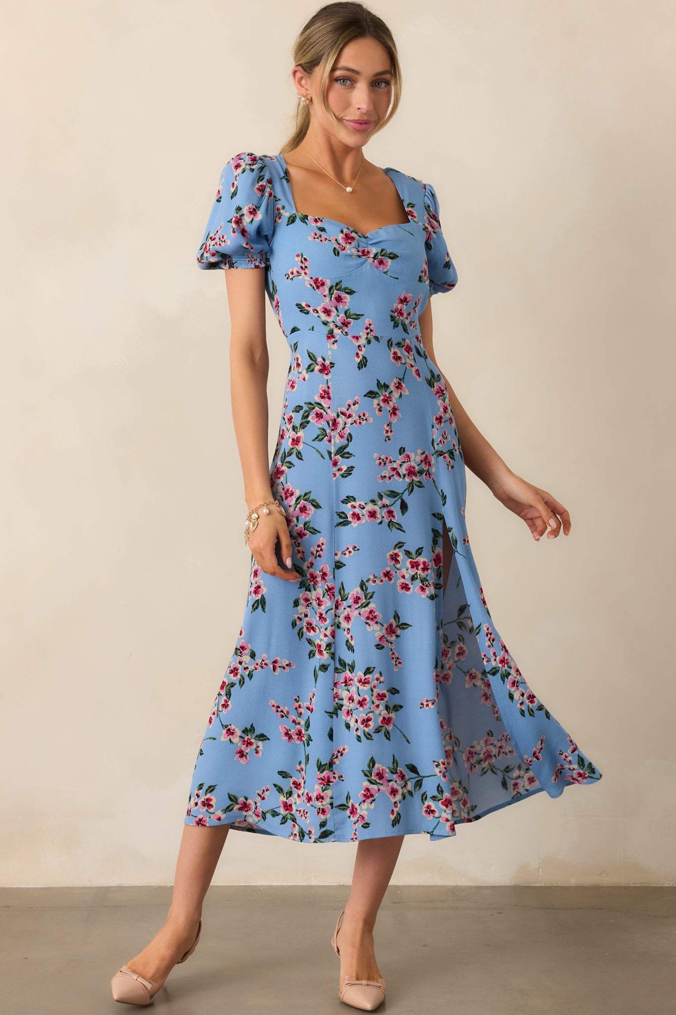 All Eyes On You Ash Blue Floral Puff Sleeve Midi Dress