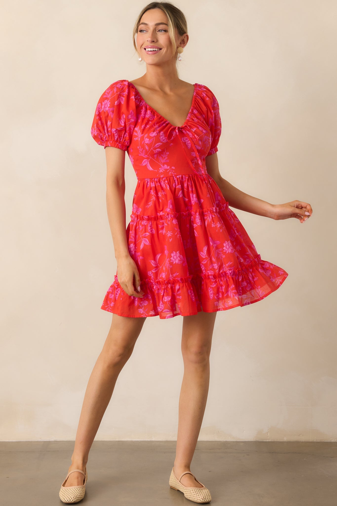 As It Should Be Red Floral Cotton Mini Dress