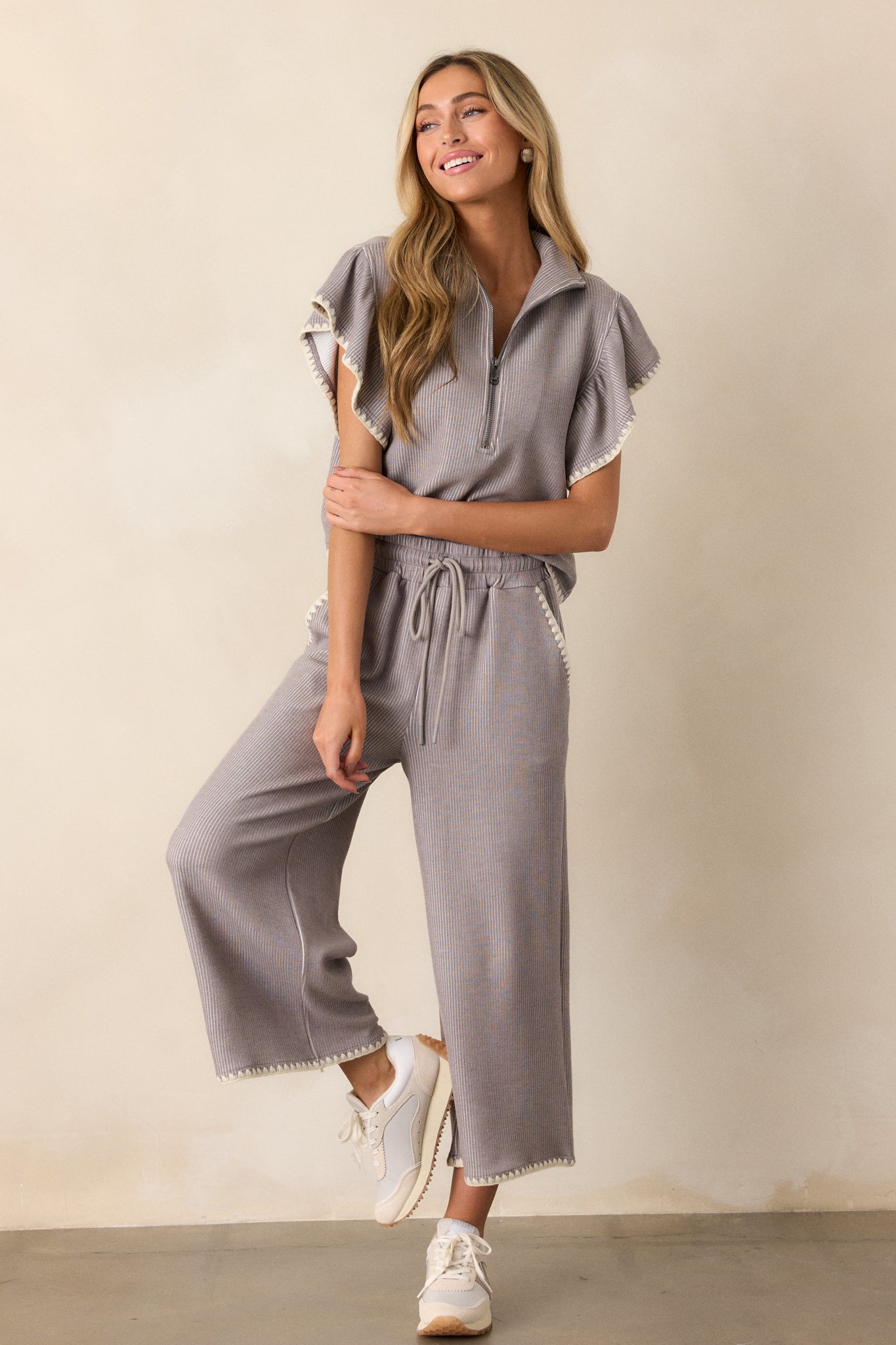 Anytime Now Grey Blanket Stitch Wide Leg Pants