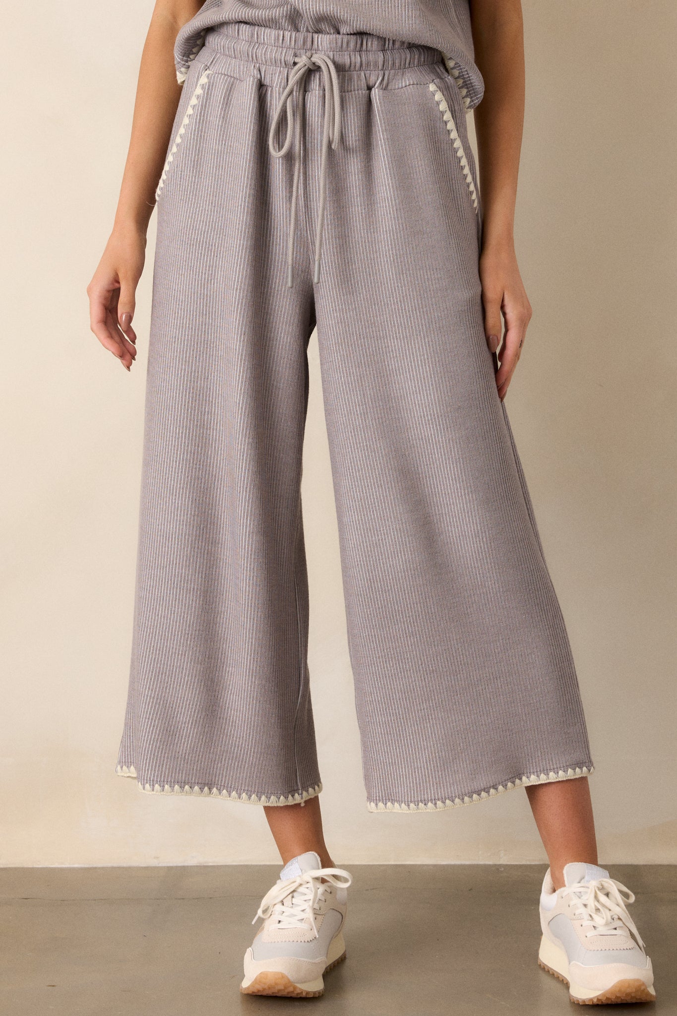 Anytime Now Grey Blanket Stitch Wide Leg Pants