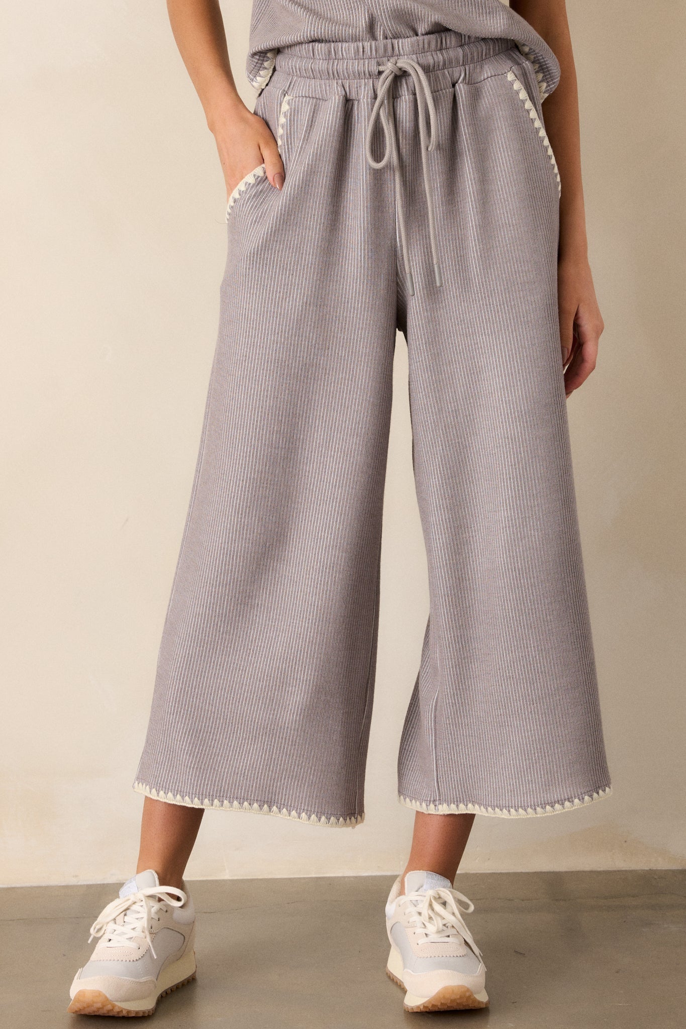 Anytime Now Grey Blanket Stitch Wide Leg Pants