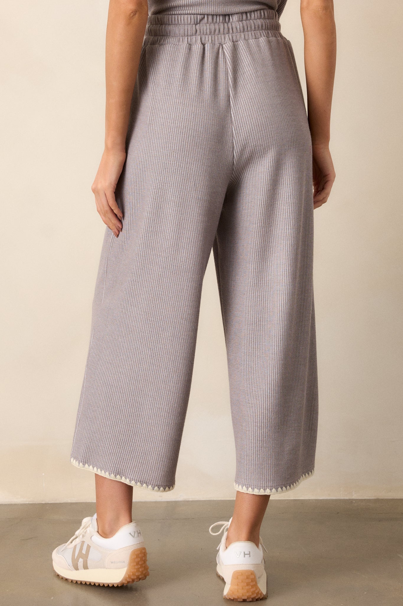 Anytime Now Grey Blanket Stitch Wide Leg Pants