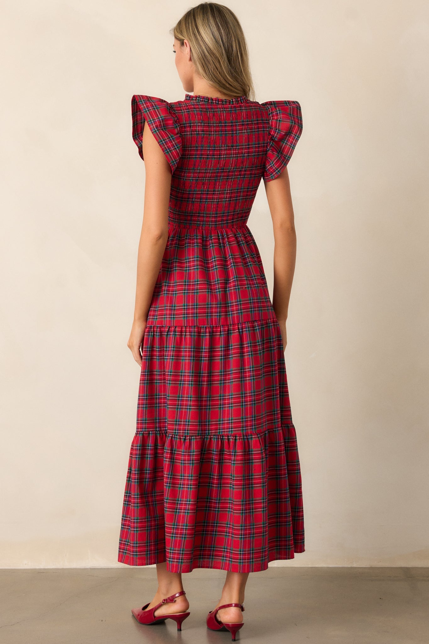 A Place To Be Cotton Red Plaid Midi Dress