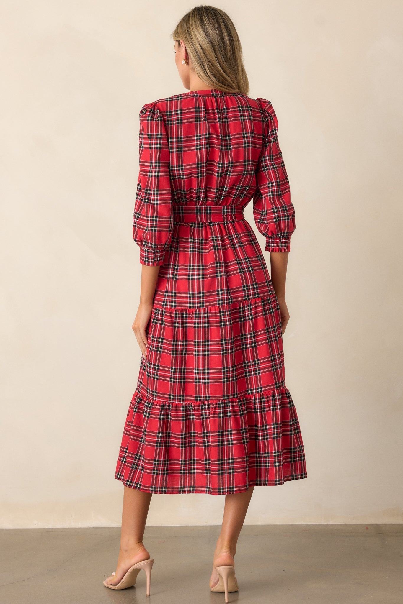A Simple Glow Cotton Red Long Sleeve Midi Dress
