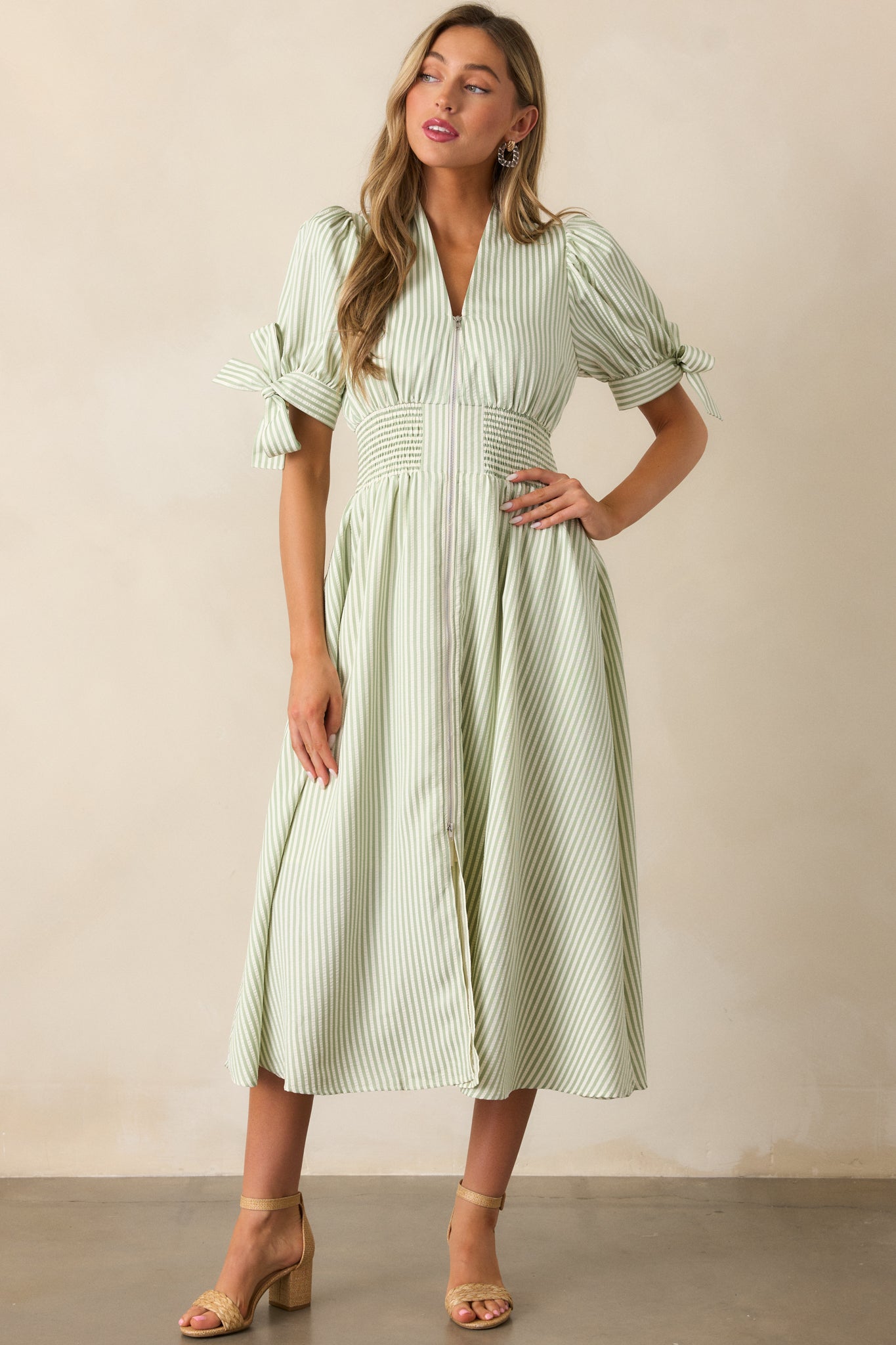 Afternoon Tea Green Stripe Zip Front Midi Dress