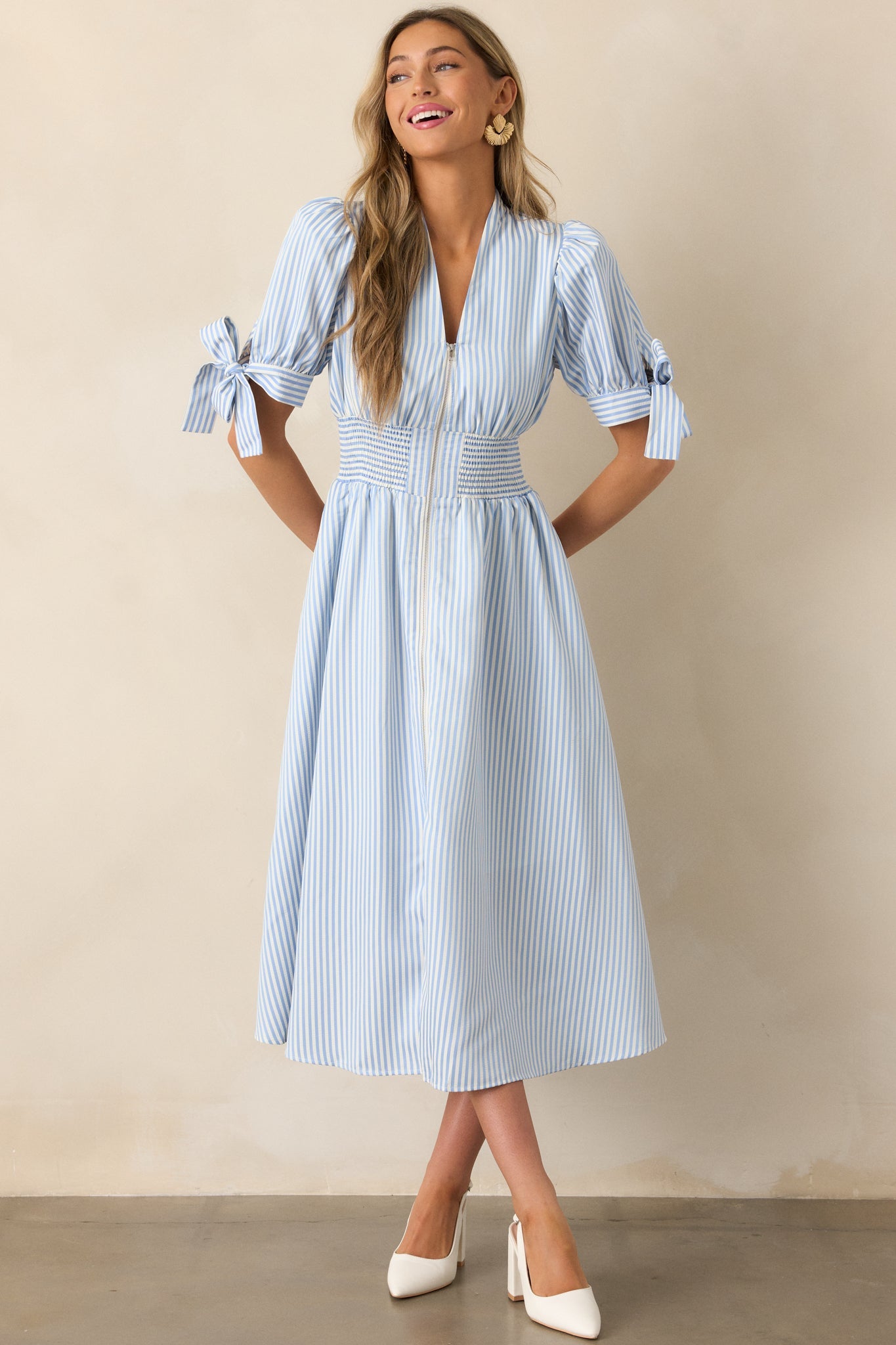 Afternoon Tea Sky Blue Stripe Zip Front Midi Dress