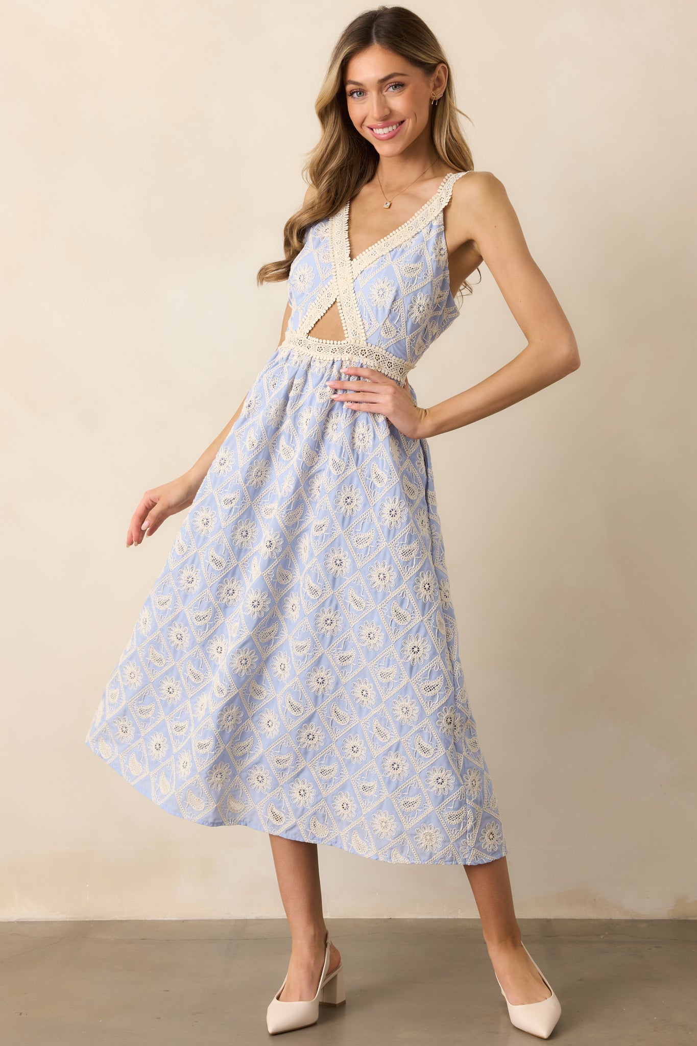 A Touch Of Grace Periwinkle Embroidered Cutout Midi Dress
