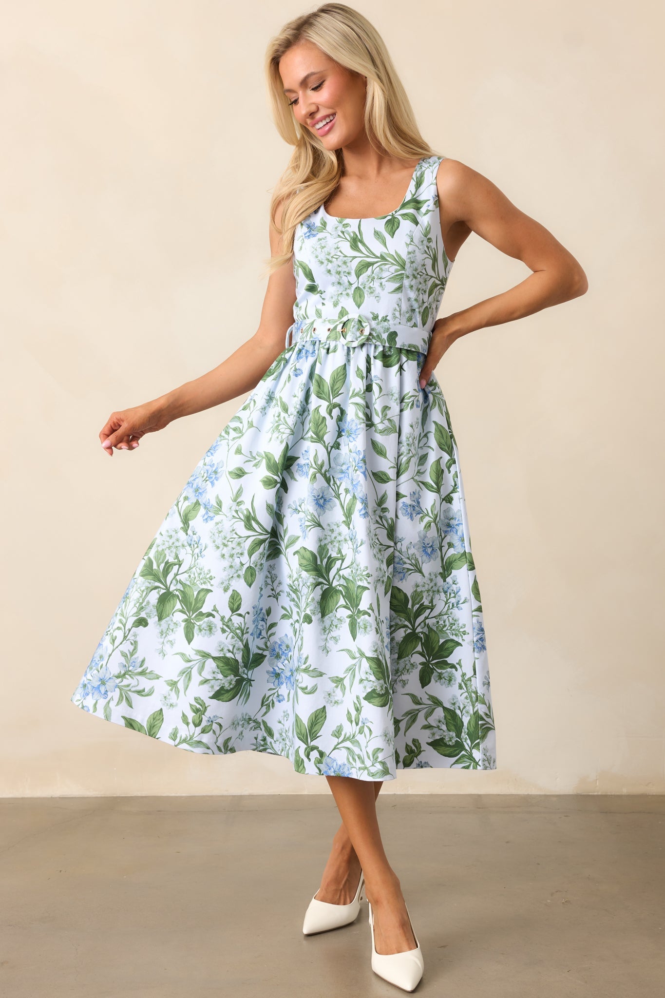Ava Blue Lilacs Botanical Print Cotton Belted Midi Dress