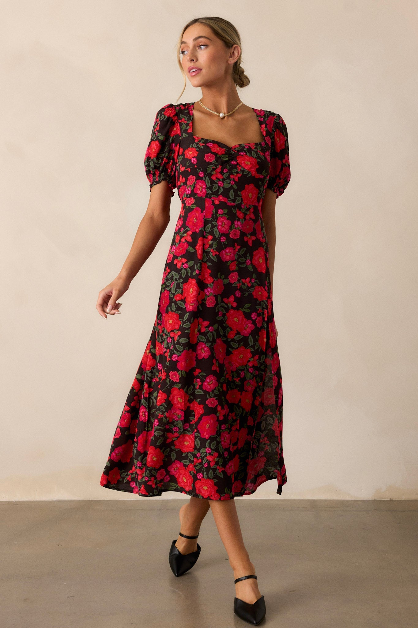 All Eyes On You Red Floral Puff Sleeve Midi Dress