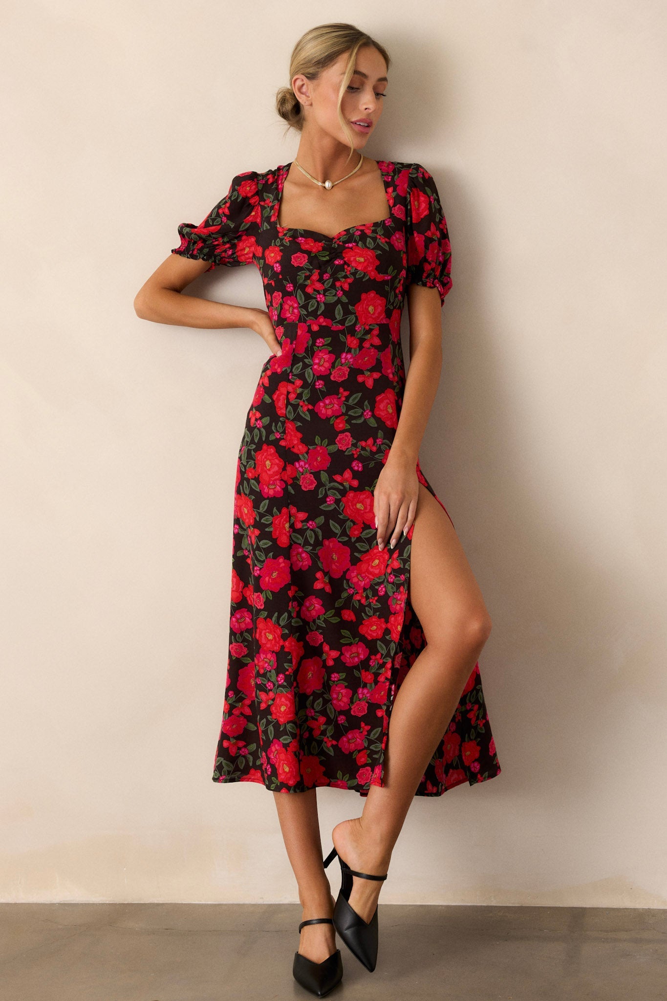 All Eyes On You Red Floral Puff Sleeve Midi Dress