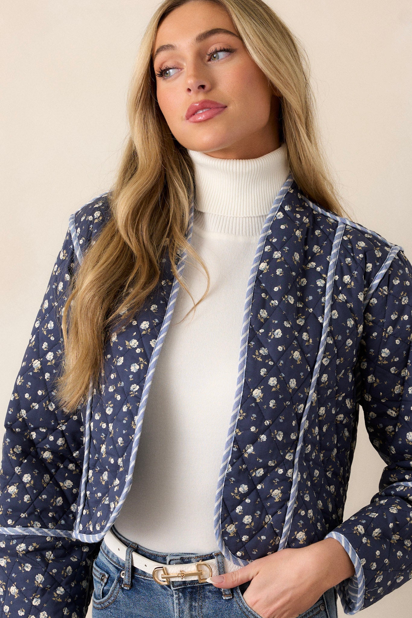 Anywhere But Here Cotton Navy Floral Quilted Jacket