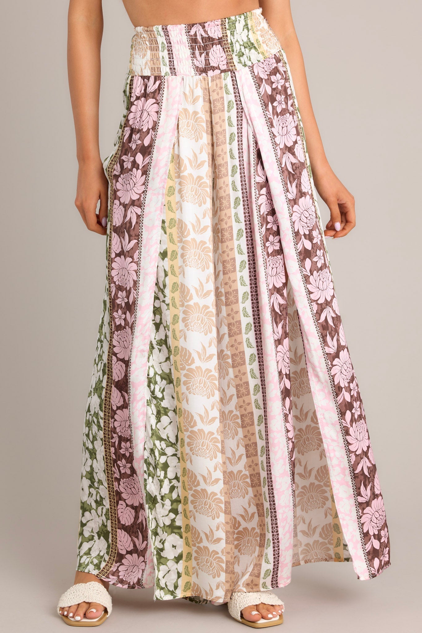 Bamboo Breeze Light Pink Tropical Print Split Leg Pants