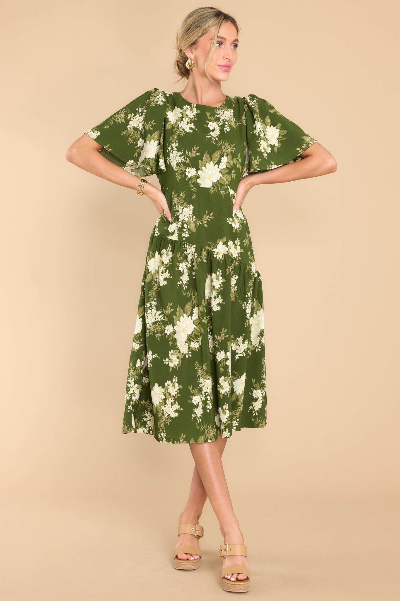 Beautiful Botanicals Green Floral Print Midi Dress