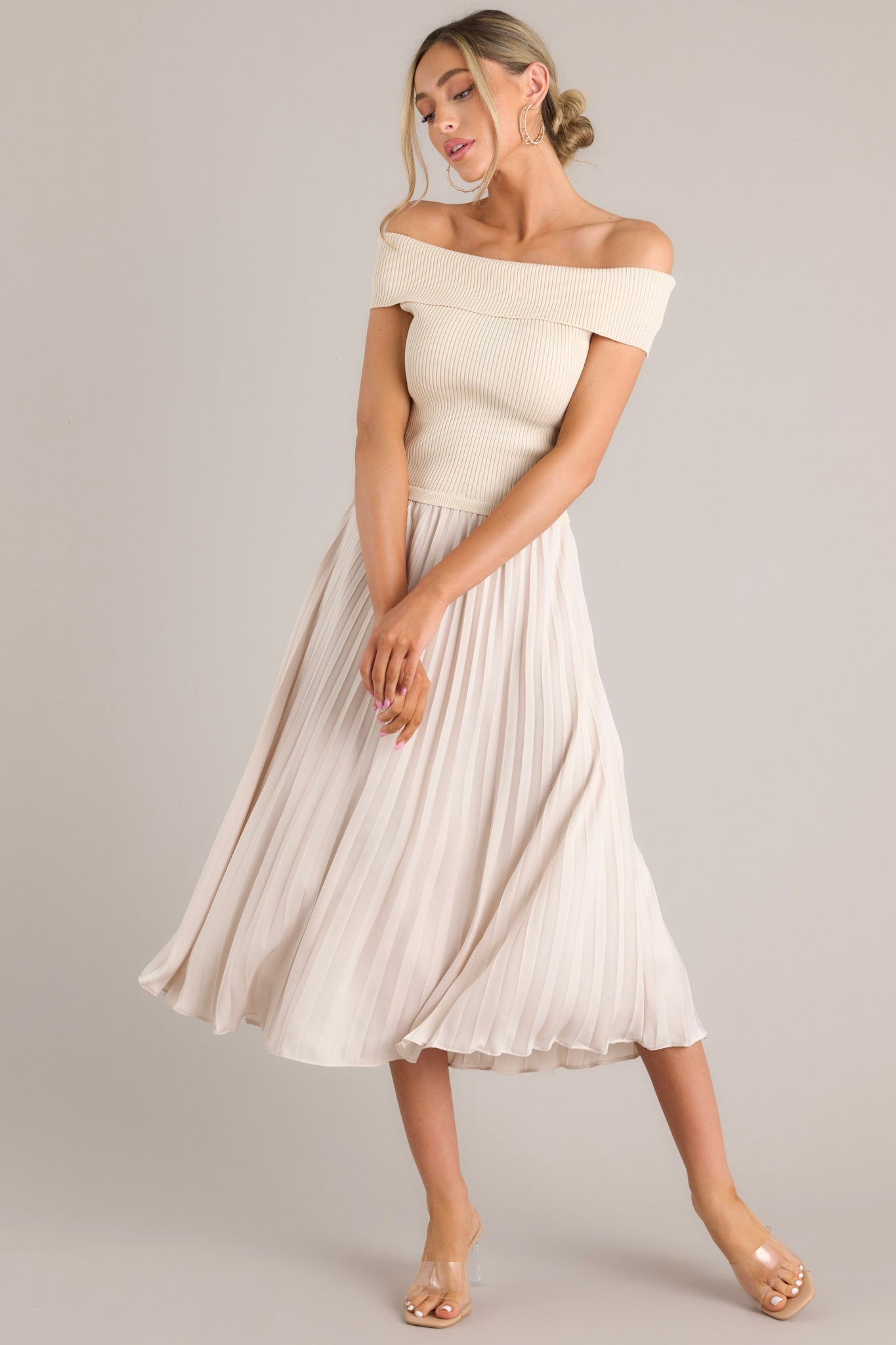 Beautiful Life Beige Pleated Midi Dress