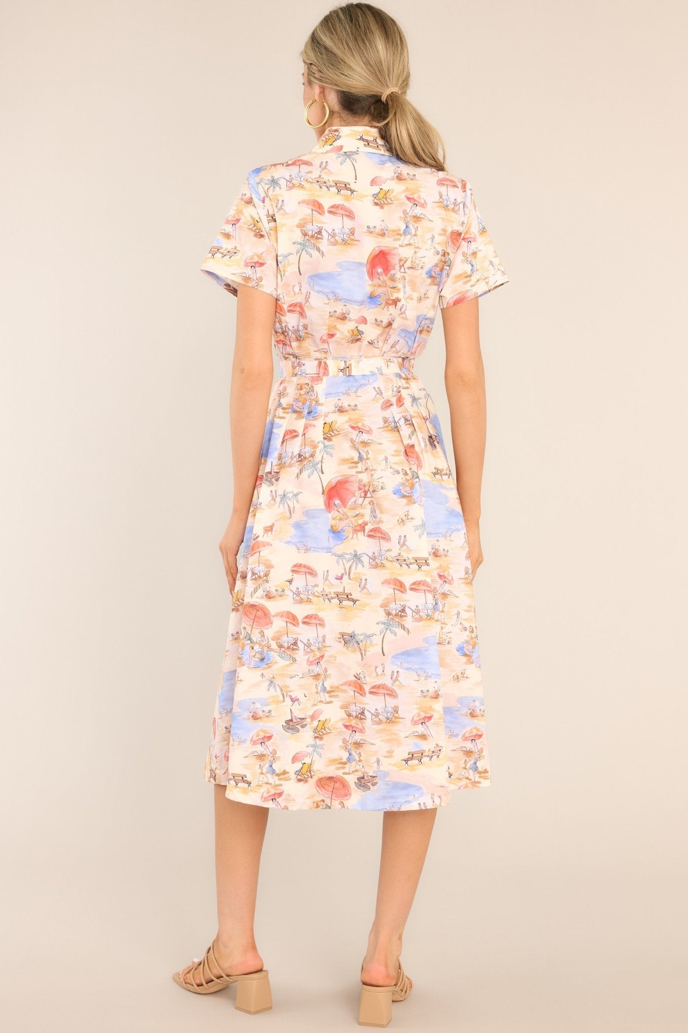 Best In Town Beige Island Print Cotton Midi Dress