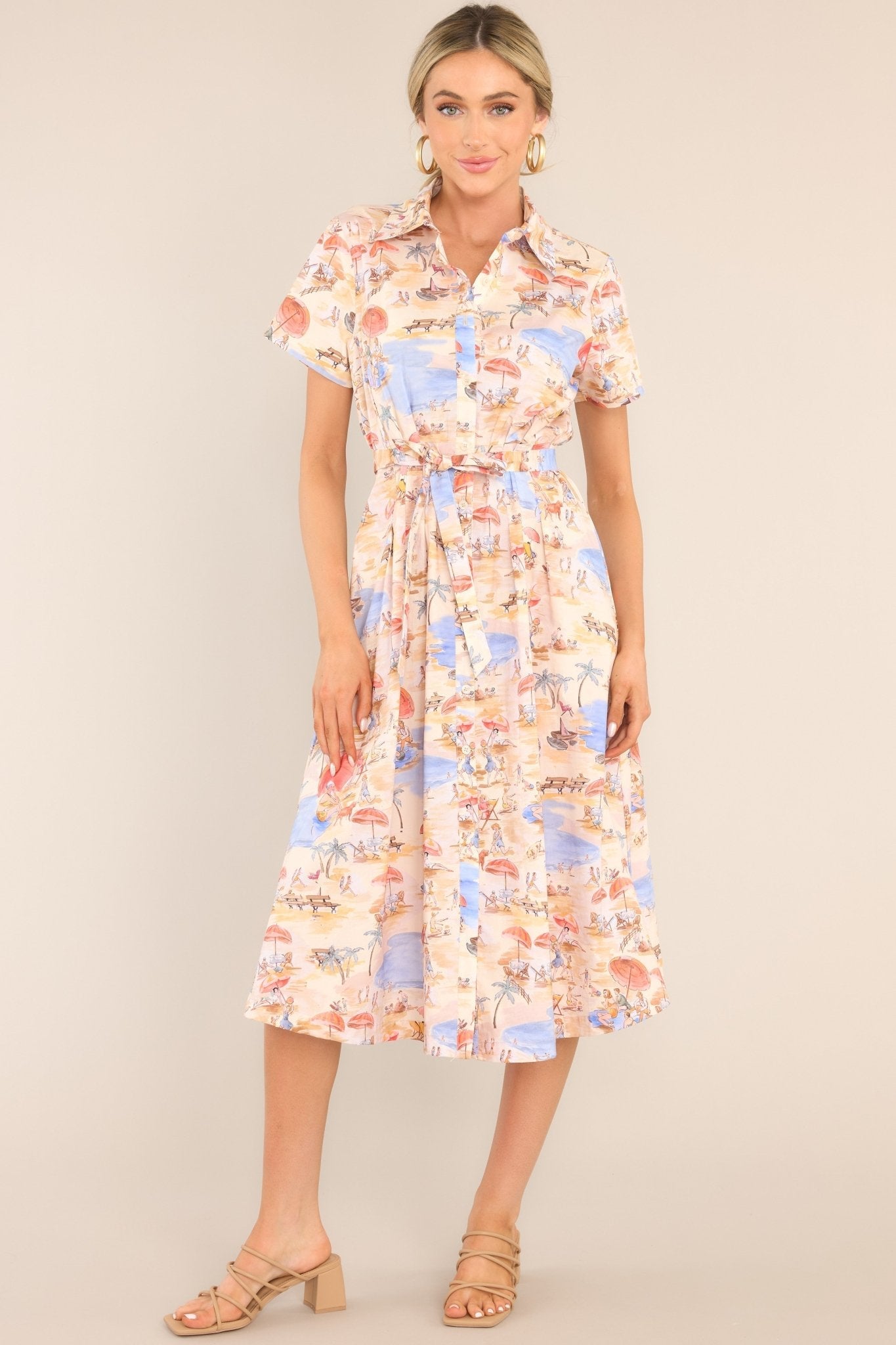 Best In Town Beige Island Print Cotton Midi Dress