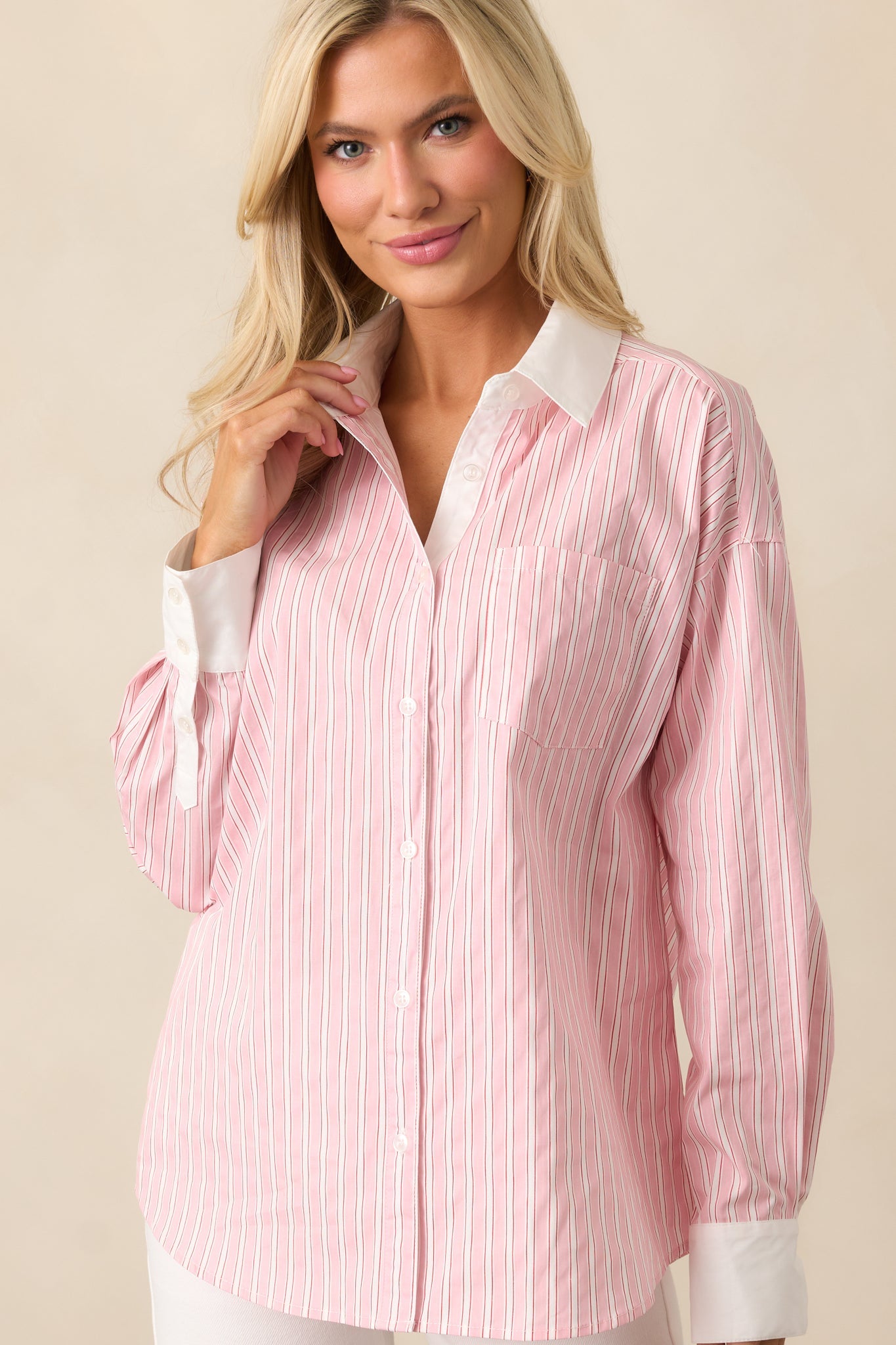 A Walk To The Bakery Pink Cotton Button Front Blouse