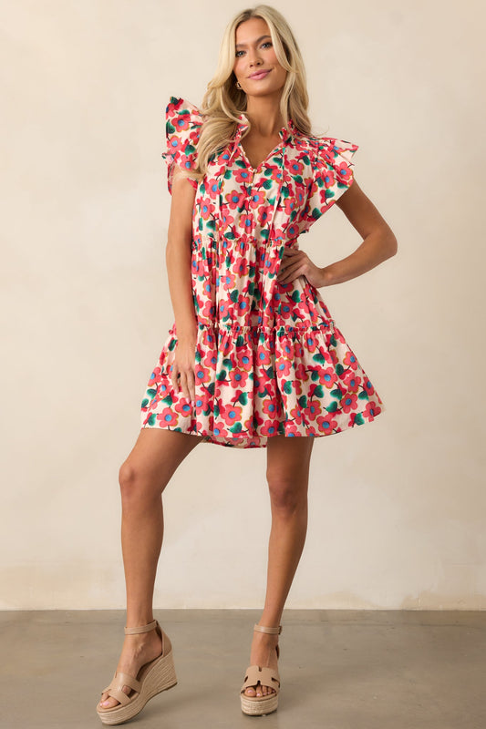 All You Need Red Floral Cotton Flutter Sleeve Mini Dress