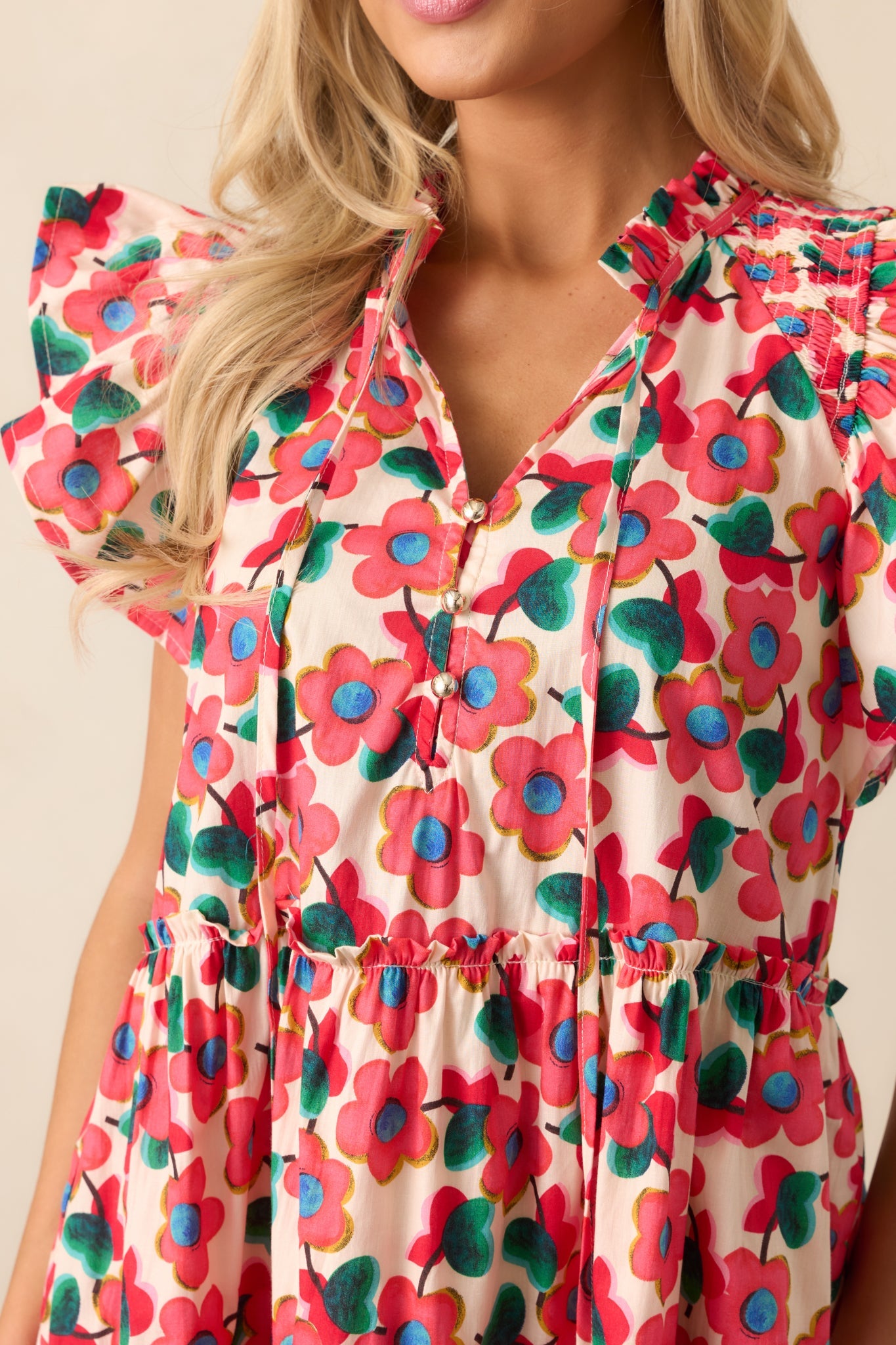 All You Need Red Floral Cotton Flutter Sleeve Mini Dress
