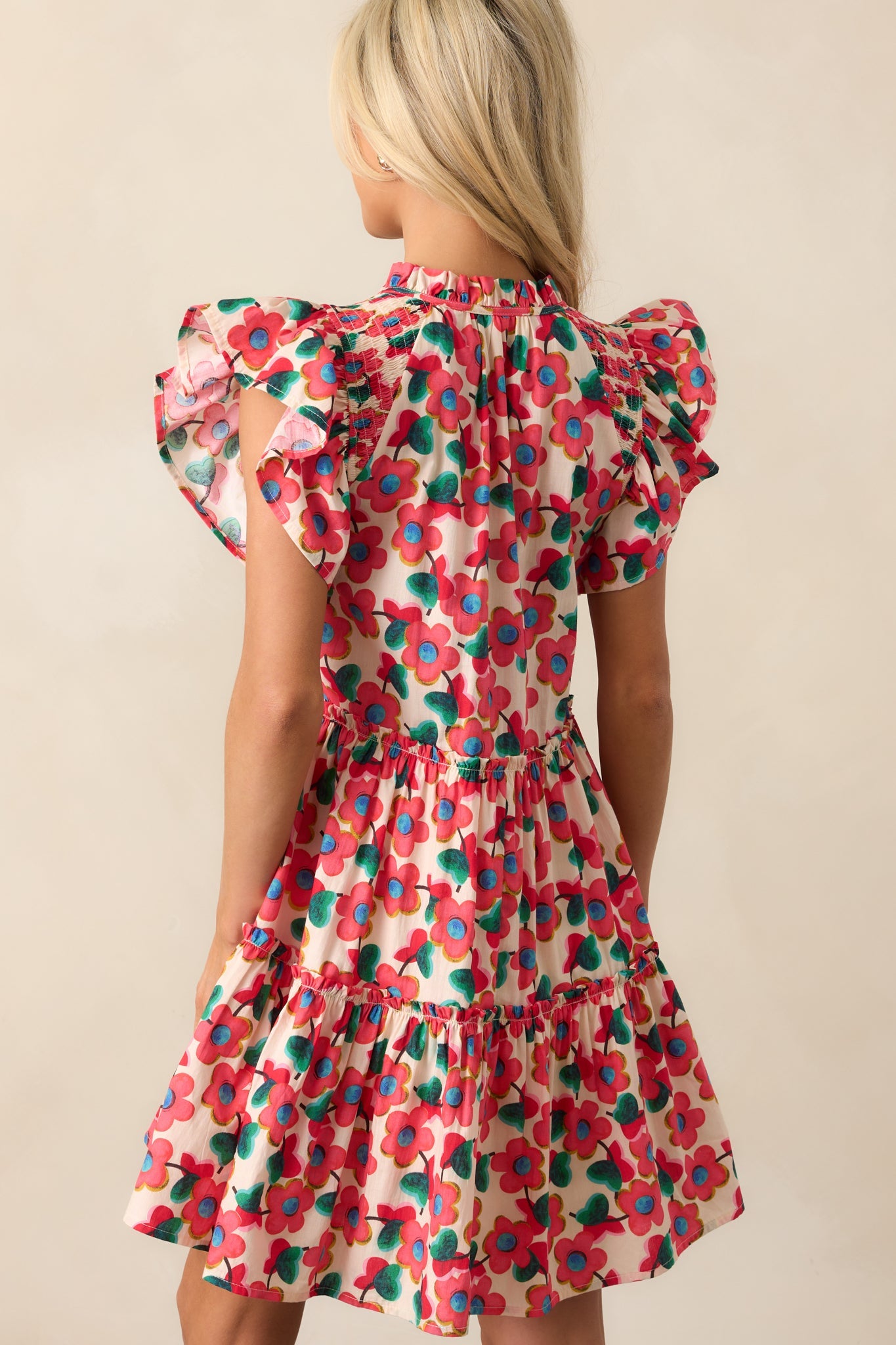 All You Need Red Floral Cotton Flutter Sleeve Mini Dress