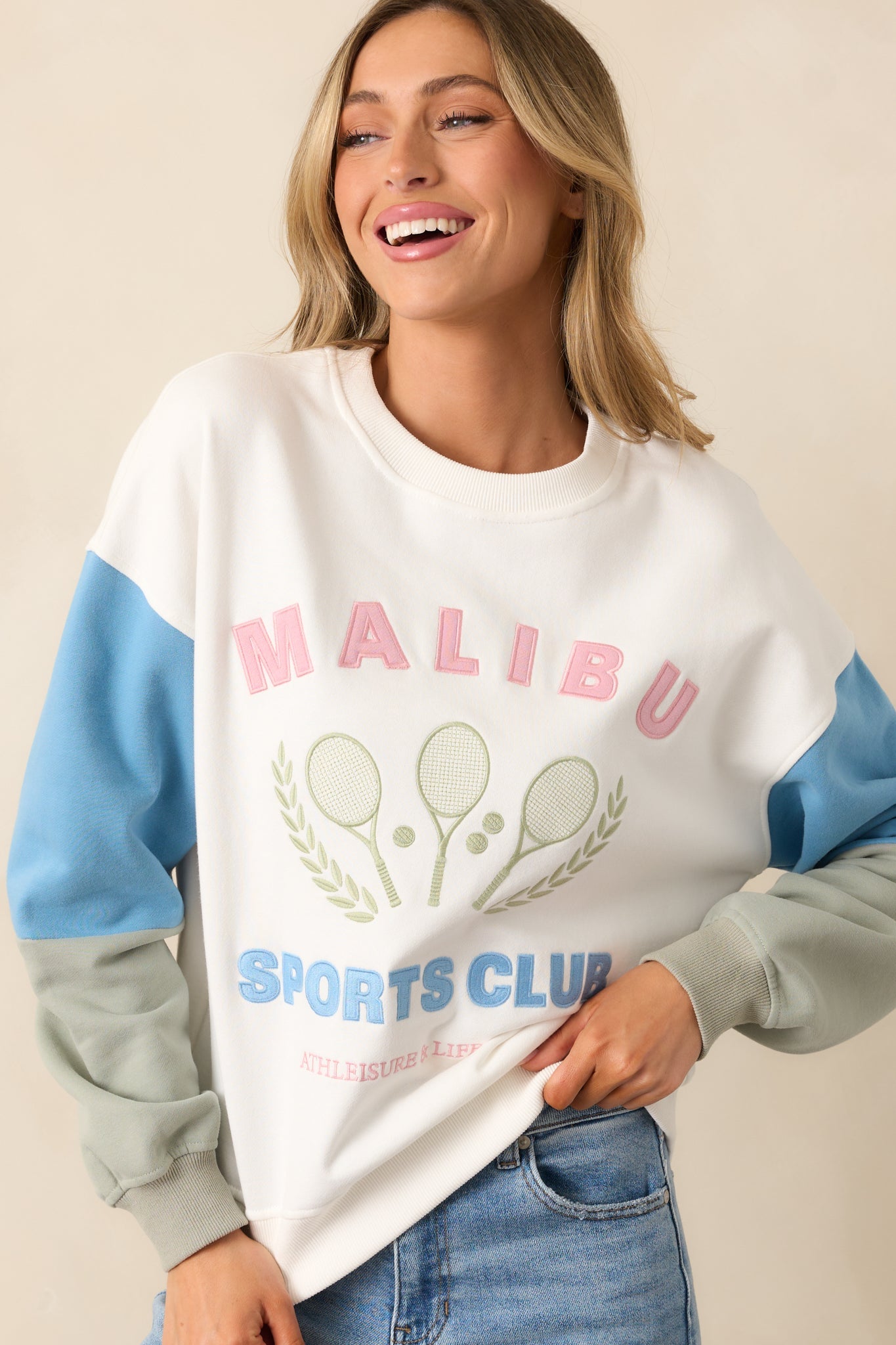 Aced It White Colorblock Embroidered Sweatshirt