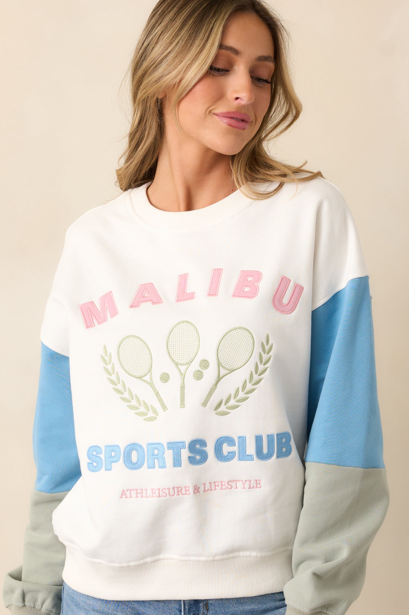 Aced It White Colorblock Embroidered Sweatshirt