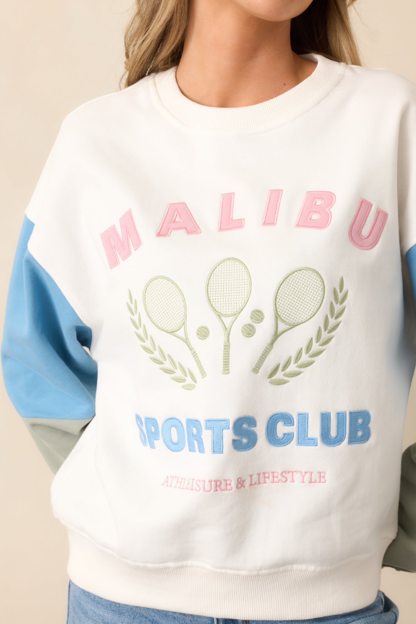 Aced It White Colorblock Embroidered Sweatshirt
