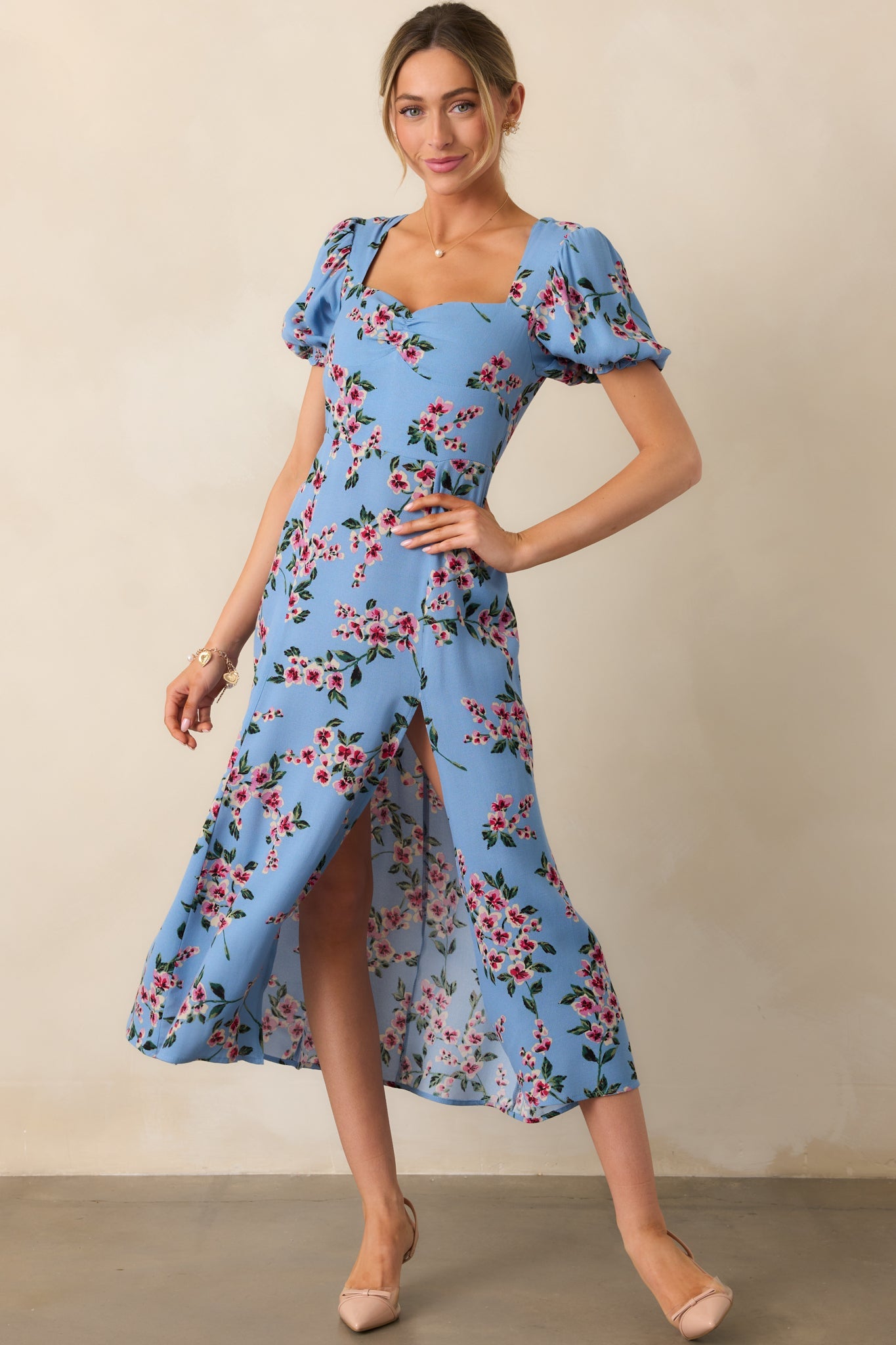 All Eyes On You Ash Blue Floral Puff Sleeve Midi Dress
