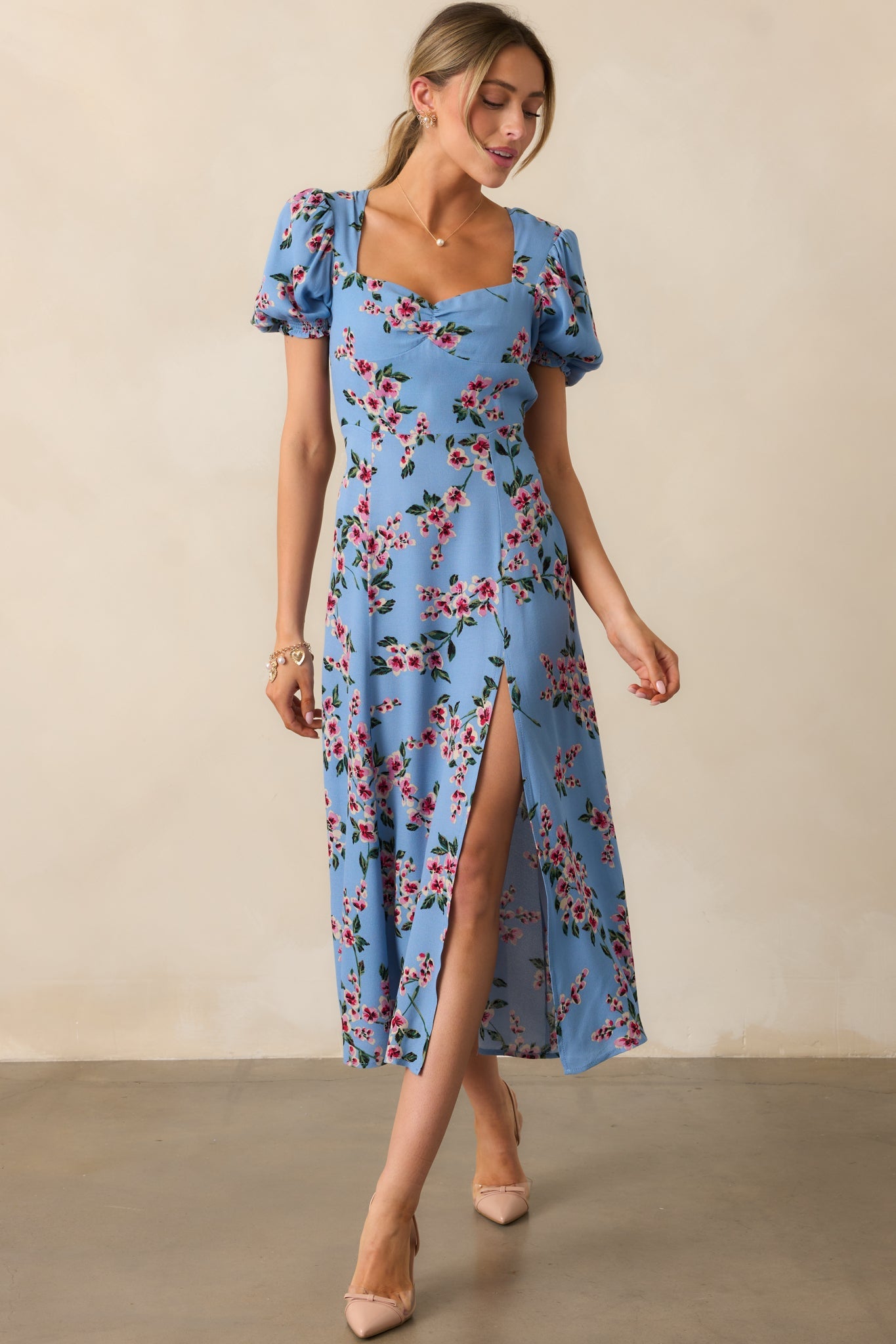 All Eyes On You Ash Blue Floral Puff Sleeve Midi Dress