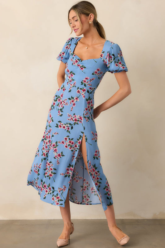 All Eyes On You Ash Blue Floral Puff Sleeve Midi Dress