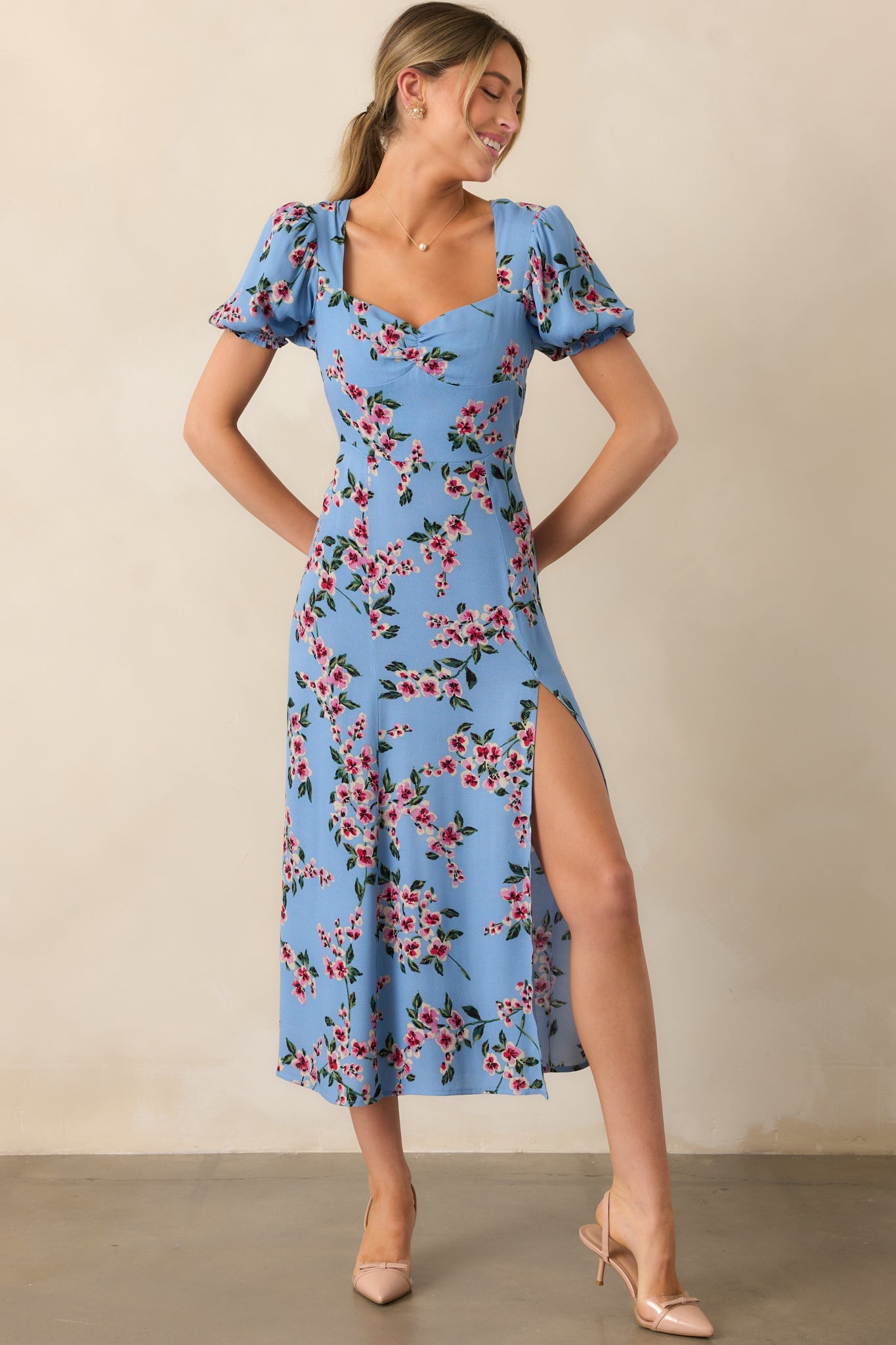 All Eyes On You Ash Blue Floral Puff Sleeve Midi Dress