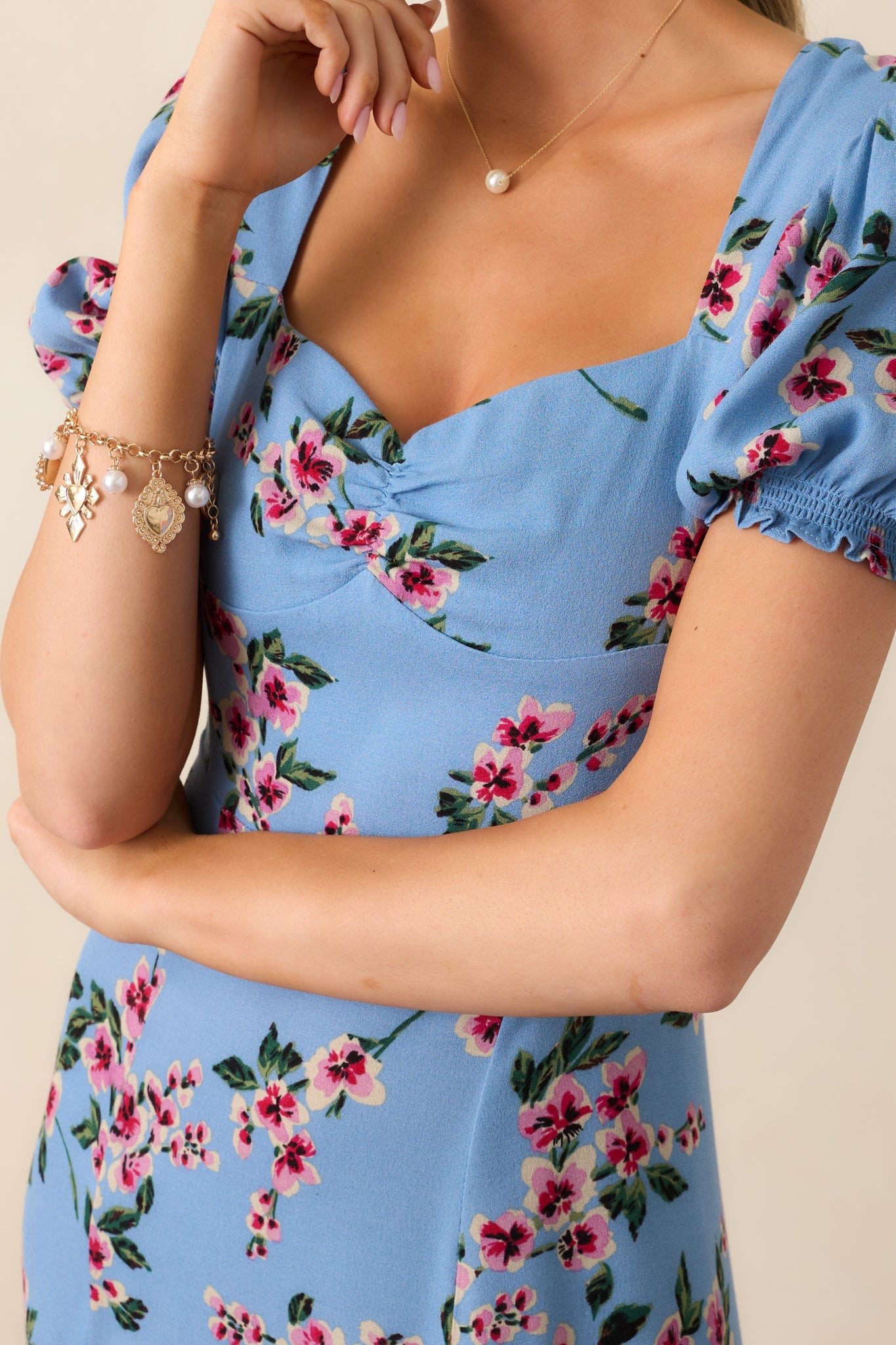 All Eyes On You Ash Blue Floral Puff Sleeve Midi Dress