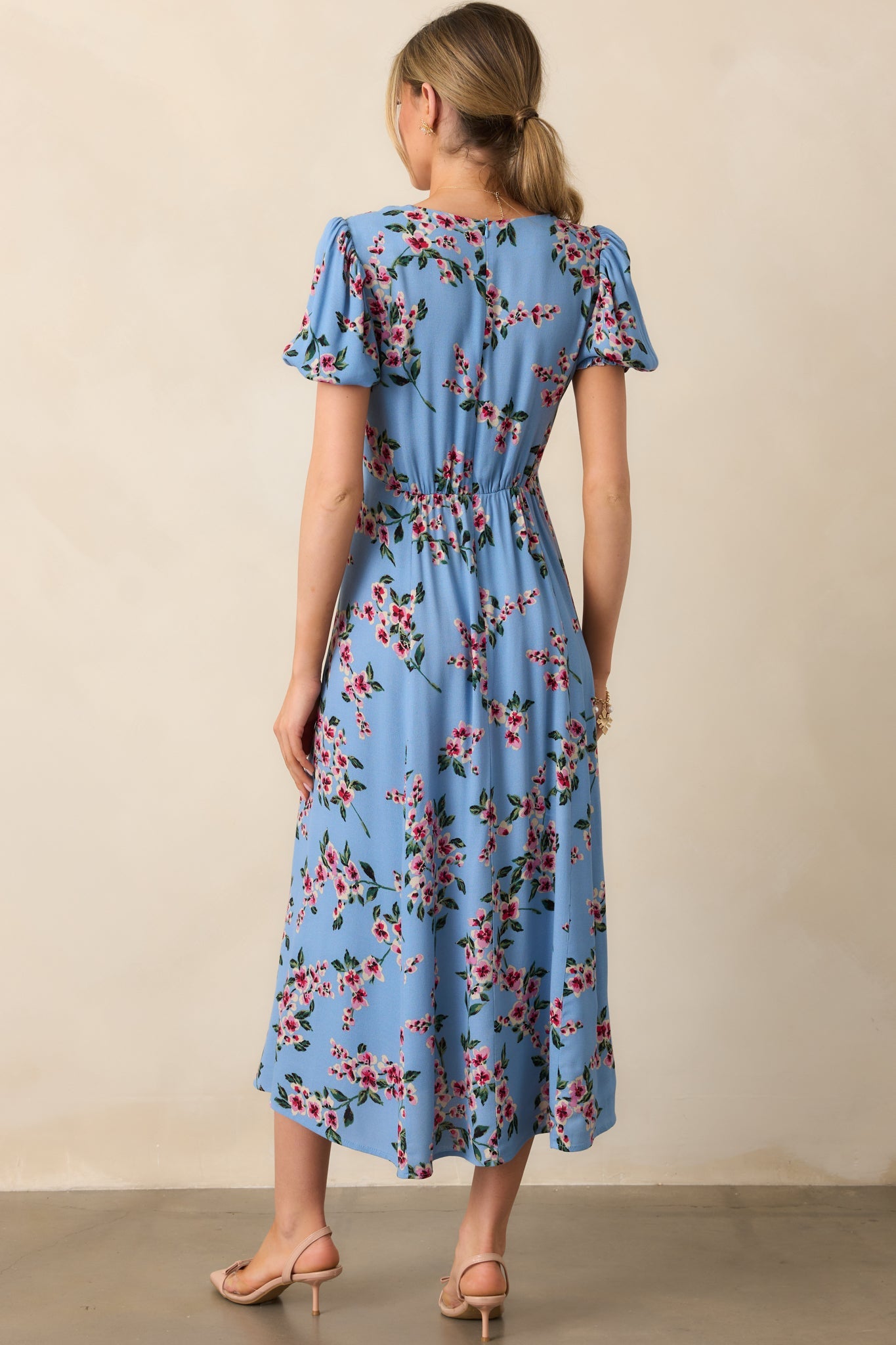All Eyes On You Ash Blue Floral Puff Sleeve Midi Dress