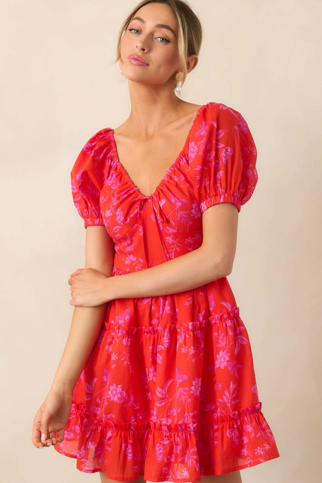 As It Should Be Red Floral Cotton Mini Dress