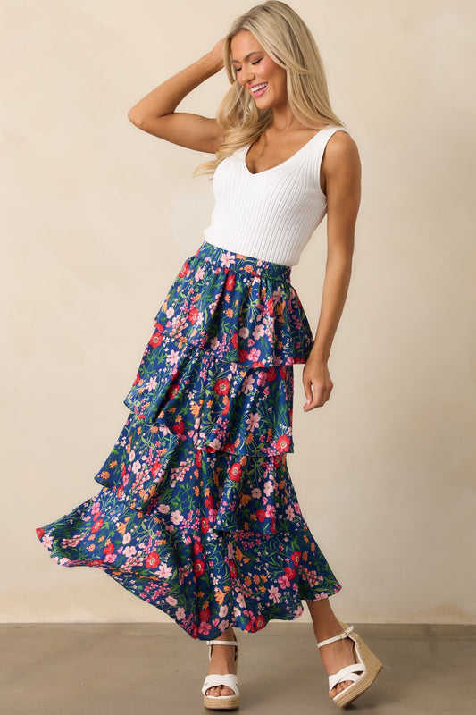 All The Right Things Navy Floral Tiered Maxi Skirt