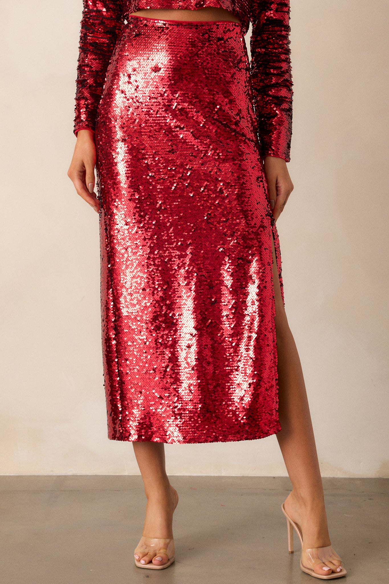 A Part Of It Red Sequin Midi Skirt