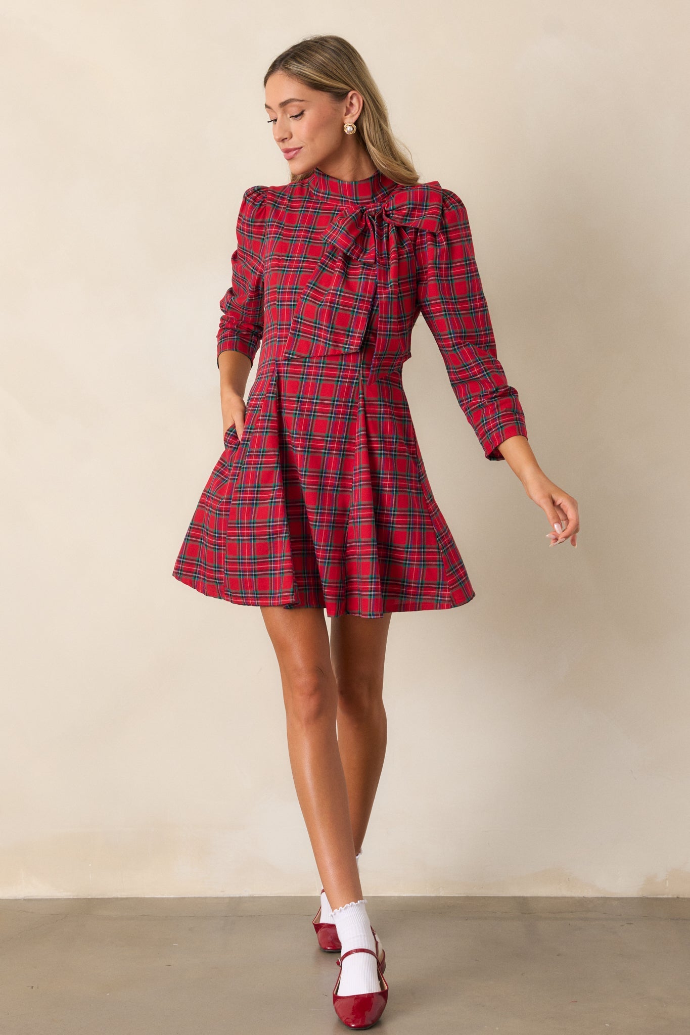 A Perfect Balance Cotton Red Plaid Bow Mini Dress