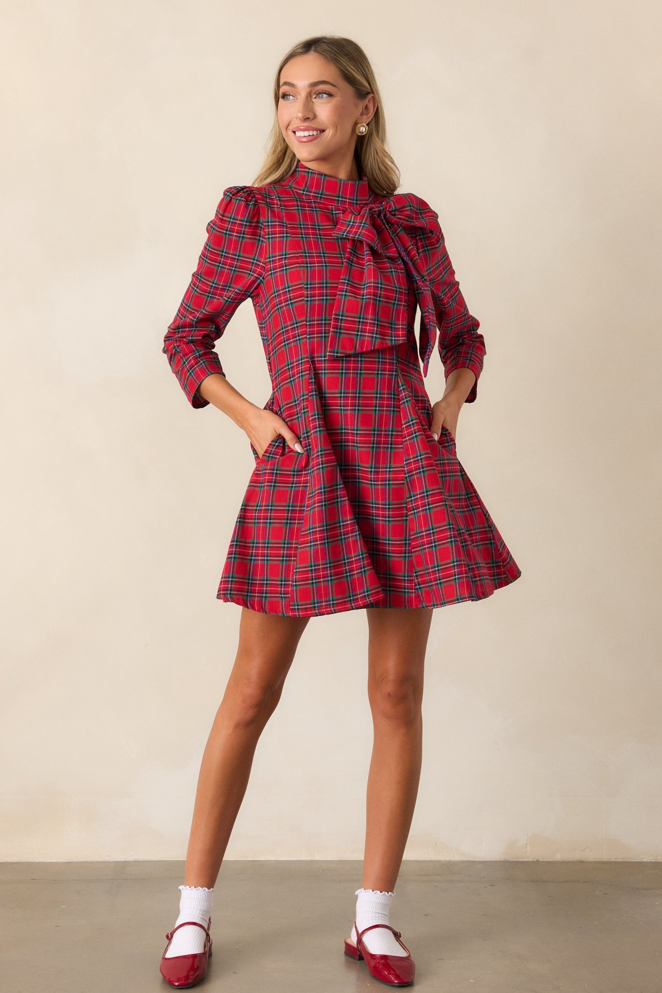 A Perfect Balance Cotton Red Plaid Bow Mini Dress