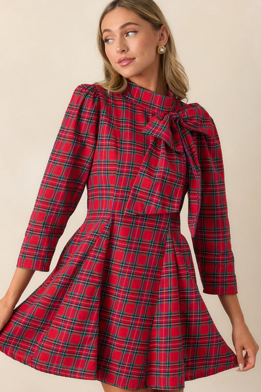 A Perfect Balance Cotton Red Plaid Bow Mini Dress