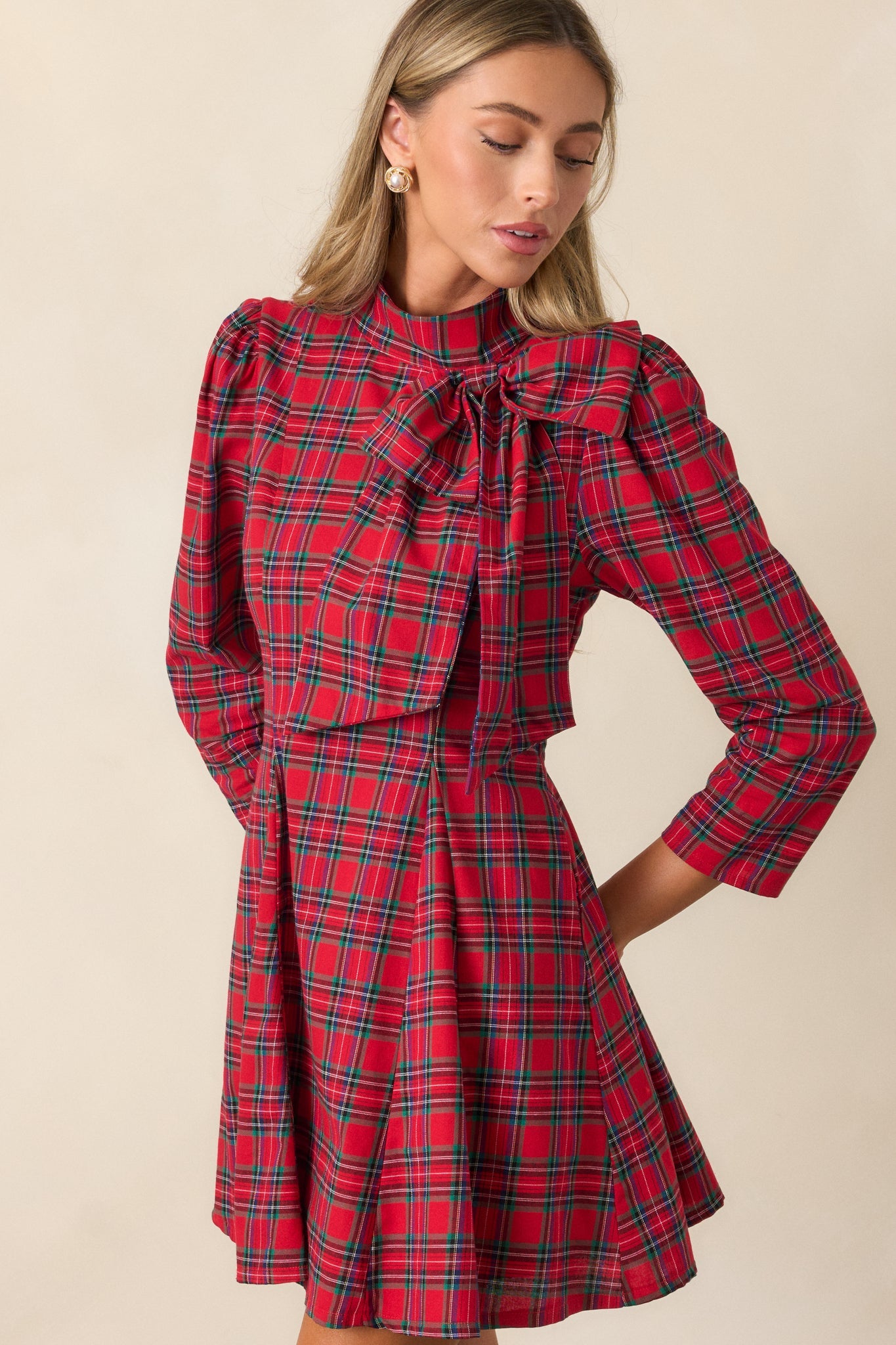 A Perfect Balance Cotton Red Plaid Bow Mini Dress