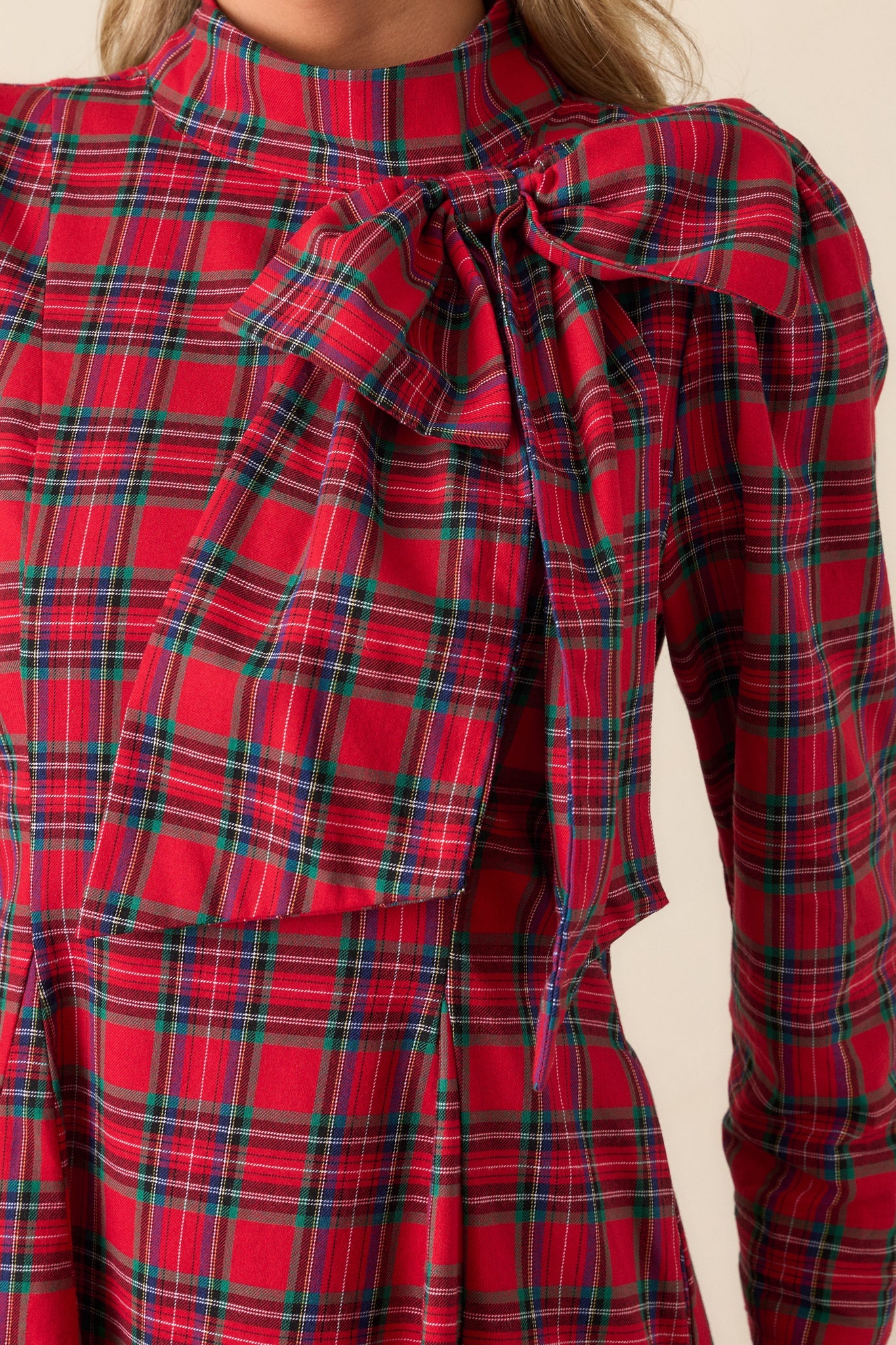 A Perfect Balance Cotton Red Plaid Bow Mini Dress