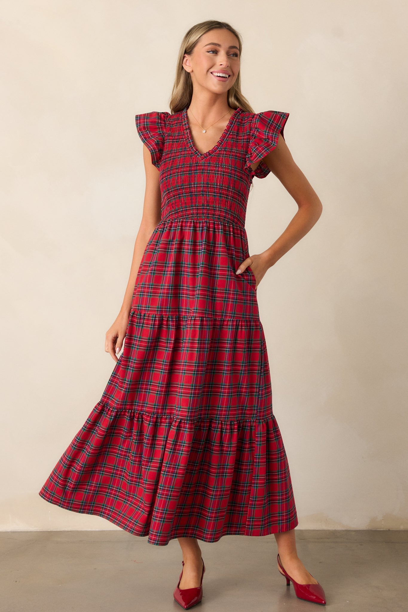 A Place To Be Cotton Red Plaid Midi Dress