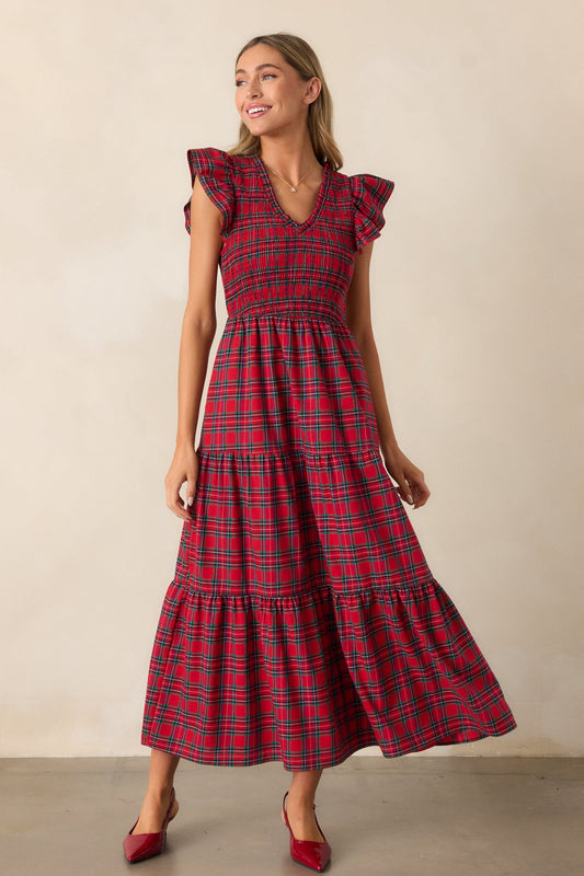 A Place To Be Cotton Red Plaid Midi Dress