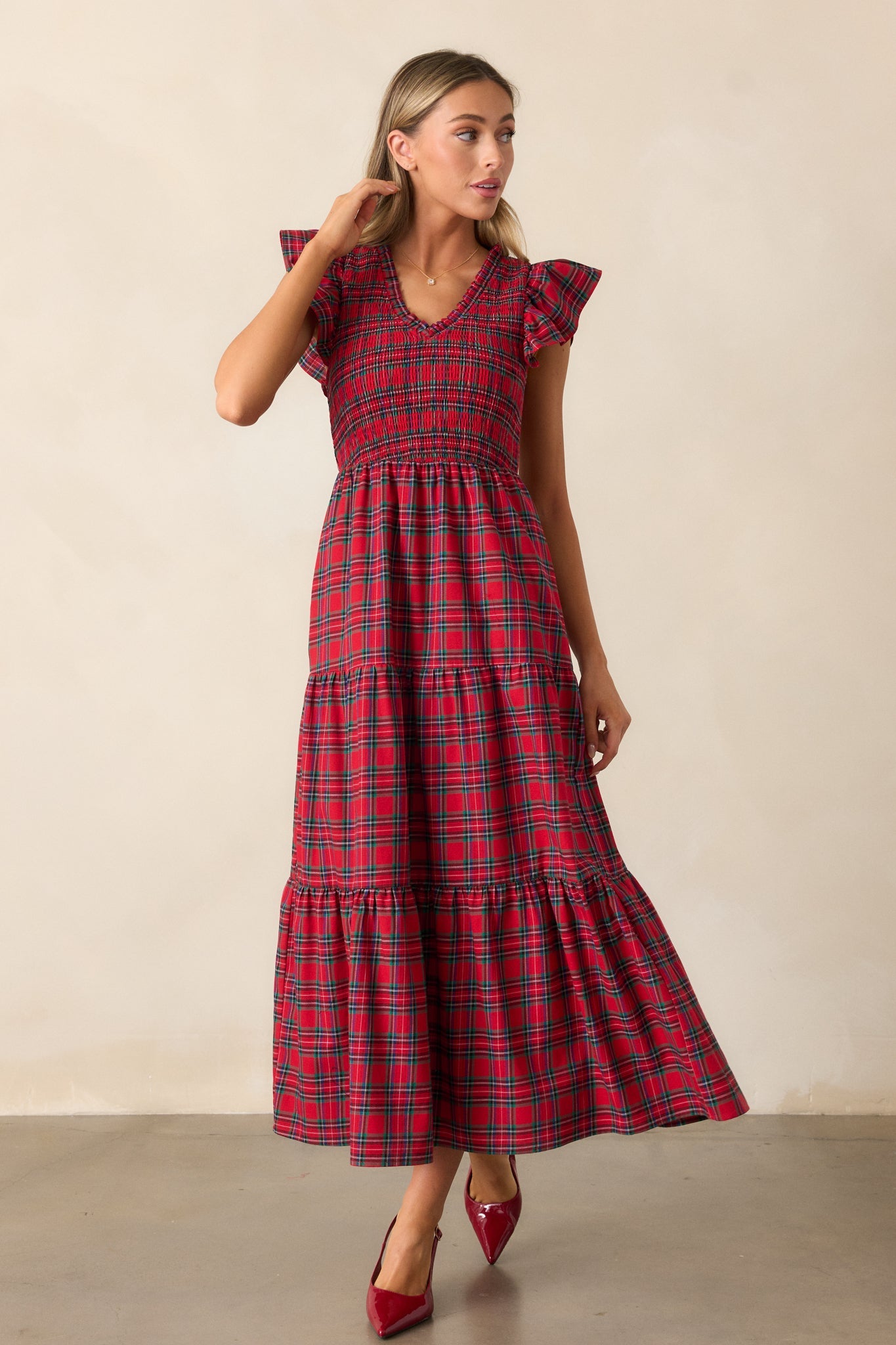 A Place To Be Cotton Red Plaid Midi Dress
