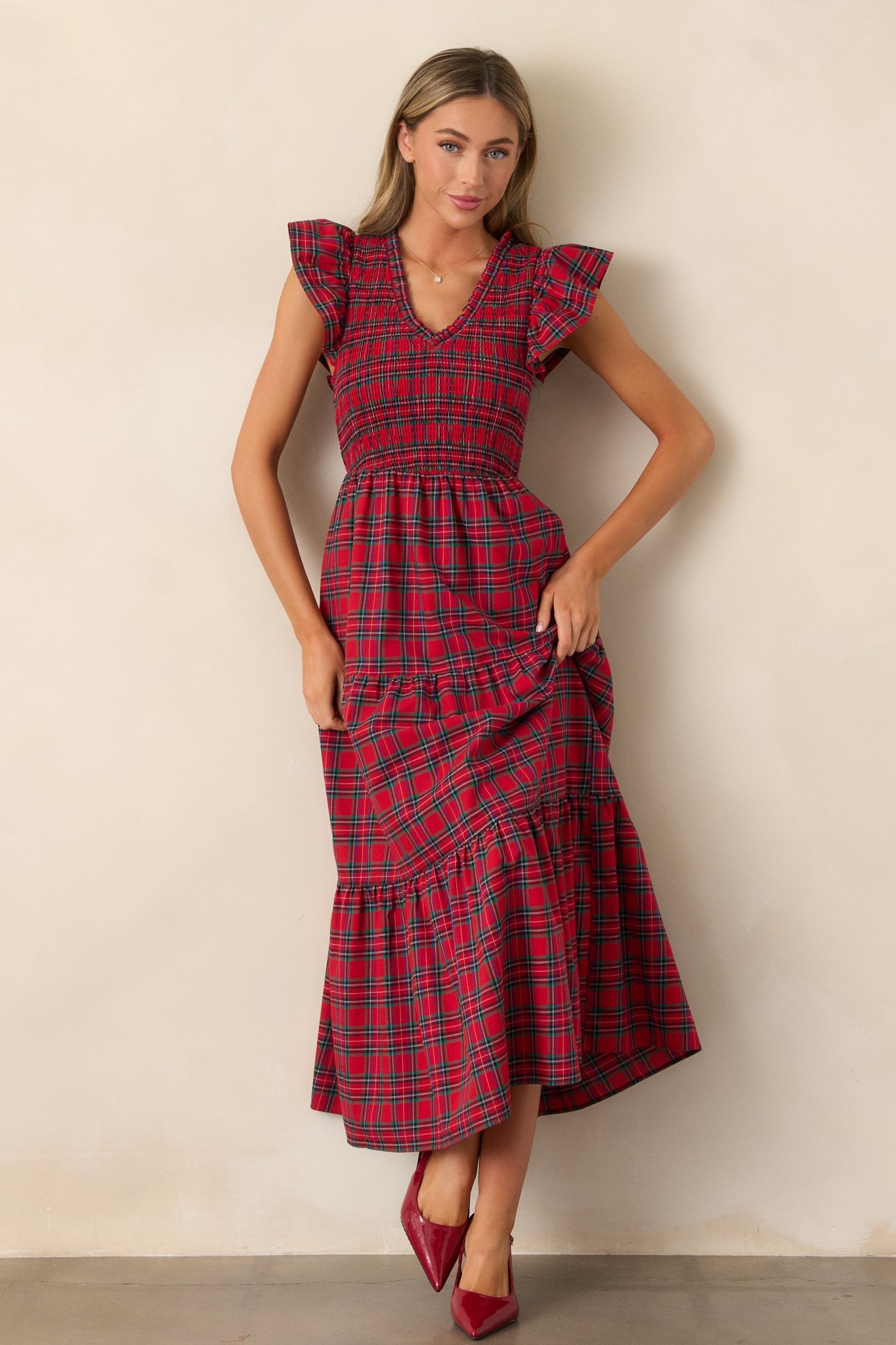A Place To Be Cotton Red Plaid Midi Dress