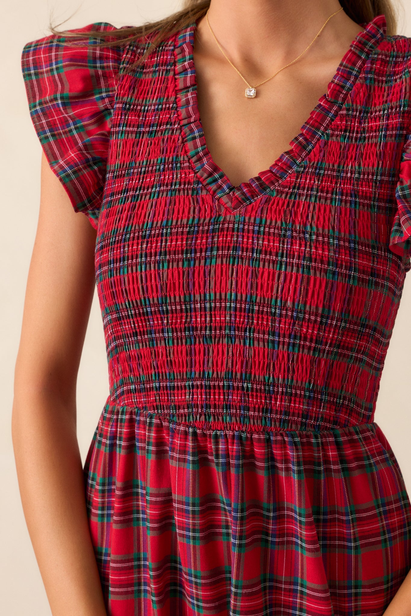 A Place To Be Cotton Red Plaid Midi Dress