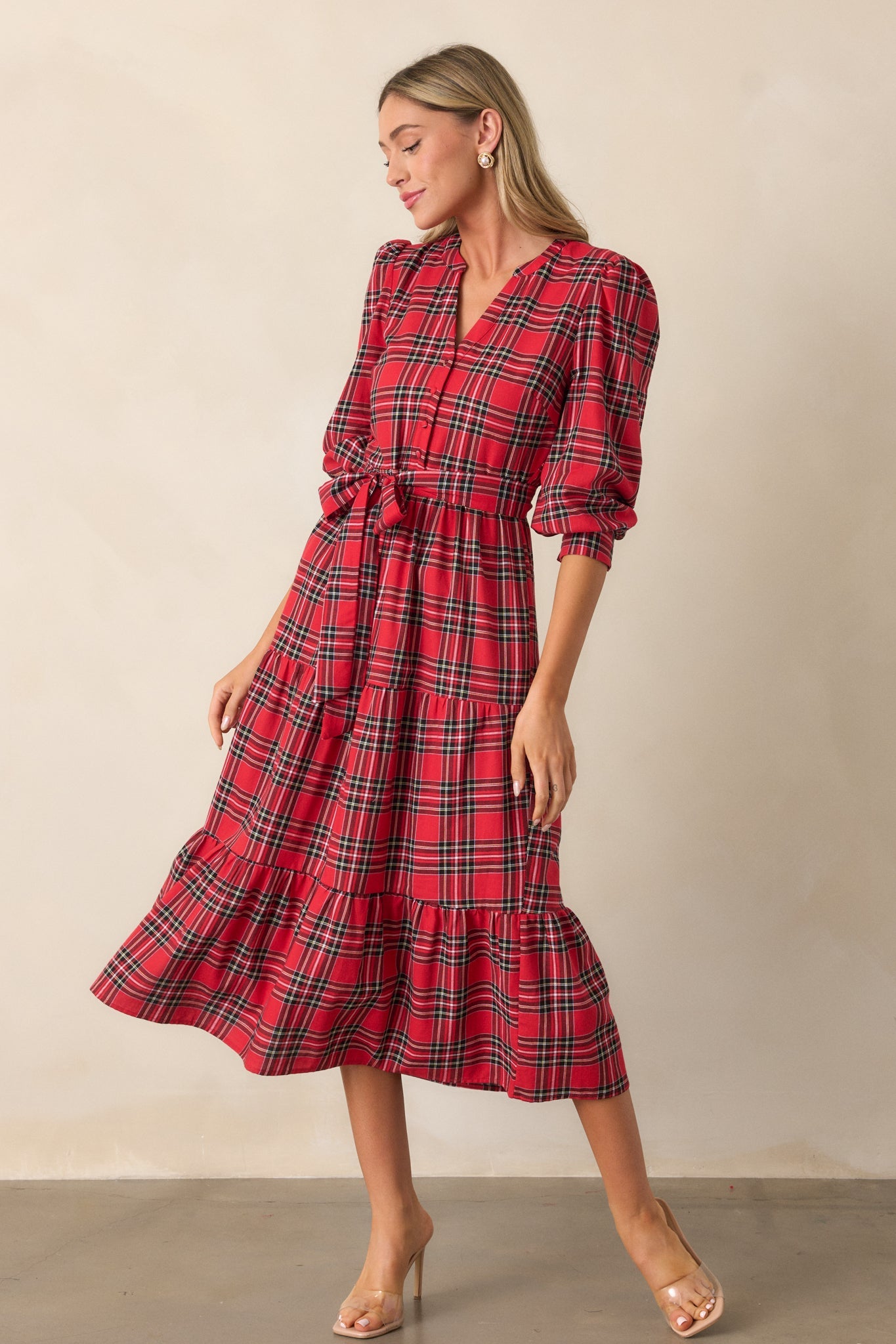 A Simple Glow Cotton Red Long Sleeve Midi Dress