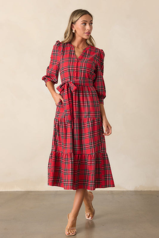 A Simple Glow Cotton Red Long Sleeve Midi Dress