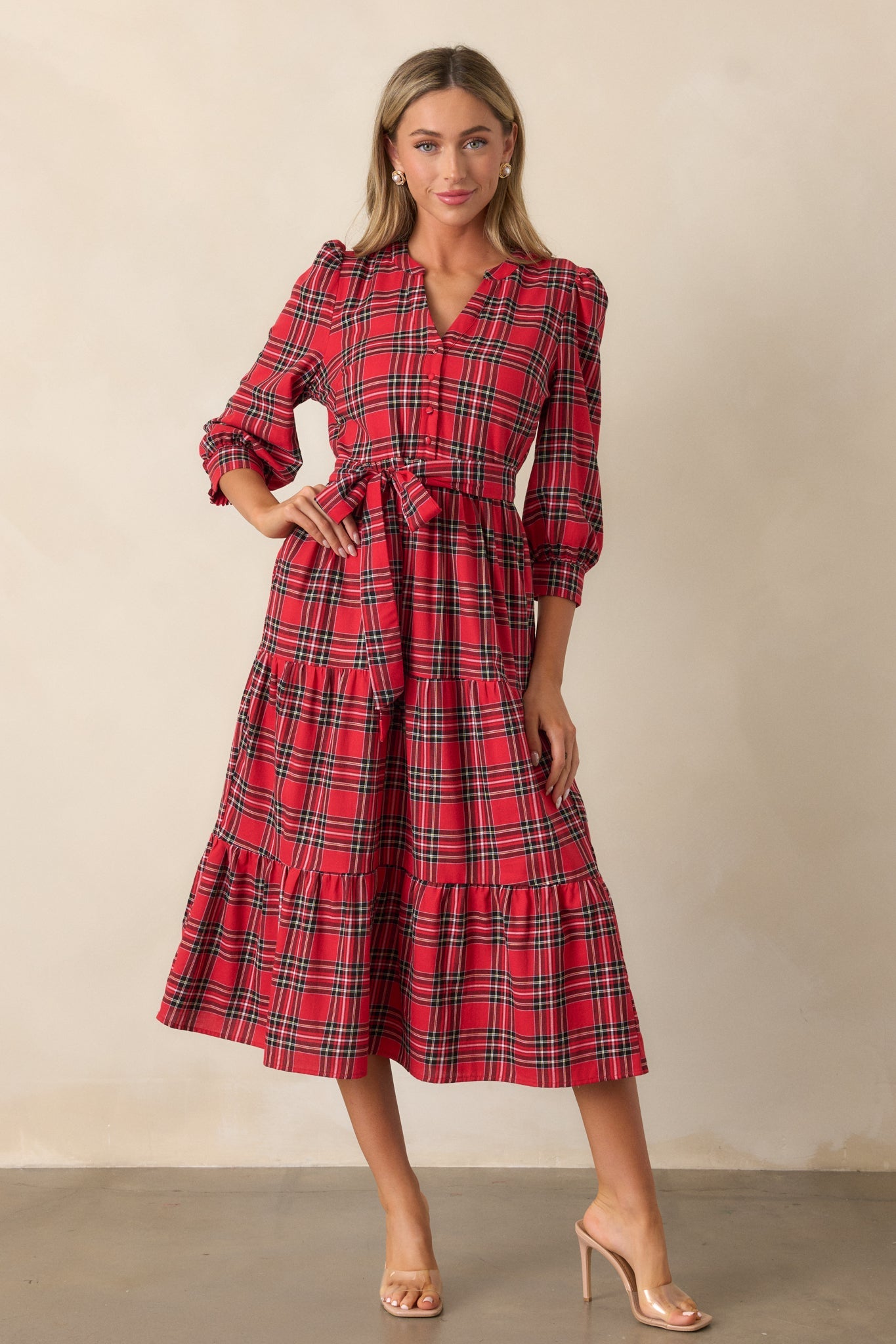 A Simple Glow Cotton Red Long Sleeve Midi Dress
